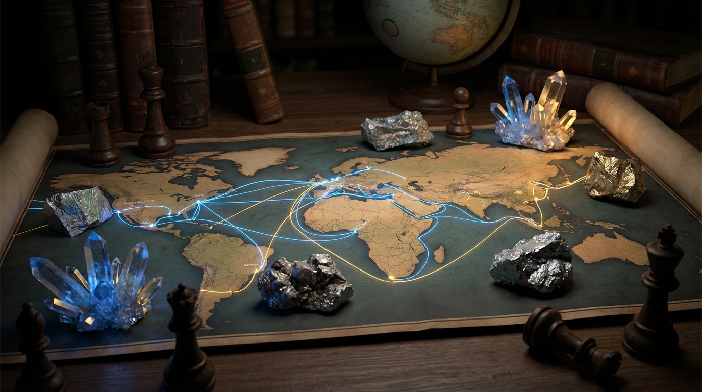 Conceptual image of rare earth minerals and geopolitical chess pieces representing the global critical minerals competition