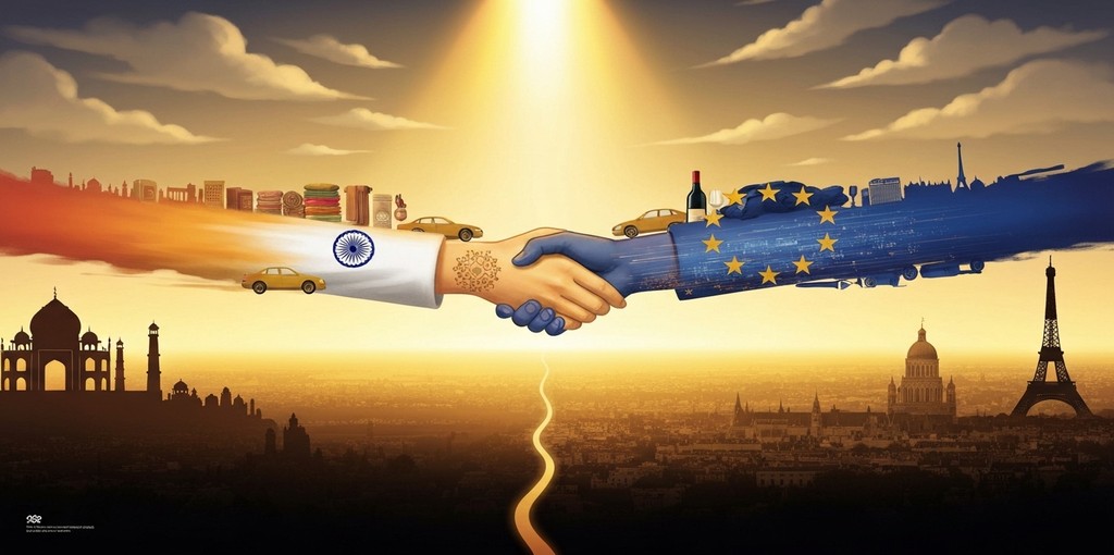 Indian and European Union flags joined by a handshake symbolising the historic free trade agreement