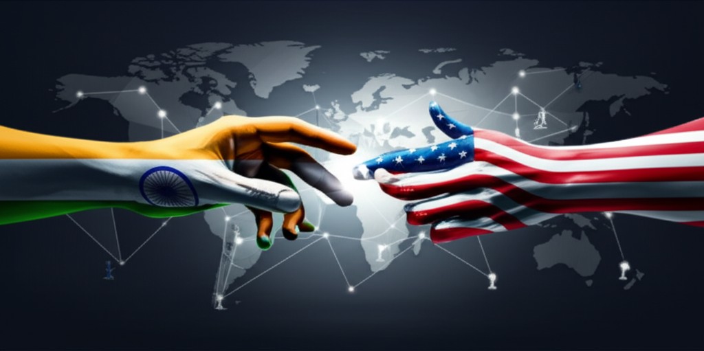 Symbolic handshake between India and US flags representing trade deal