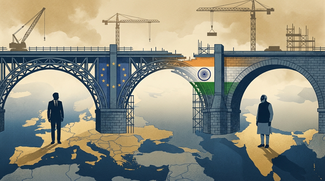 India and EU flags with a bridge symbolising new strategic partnership