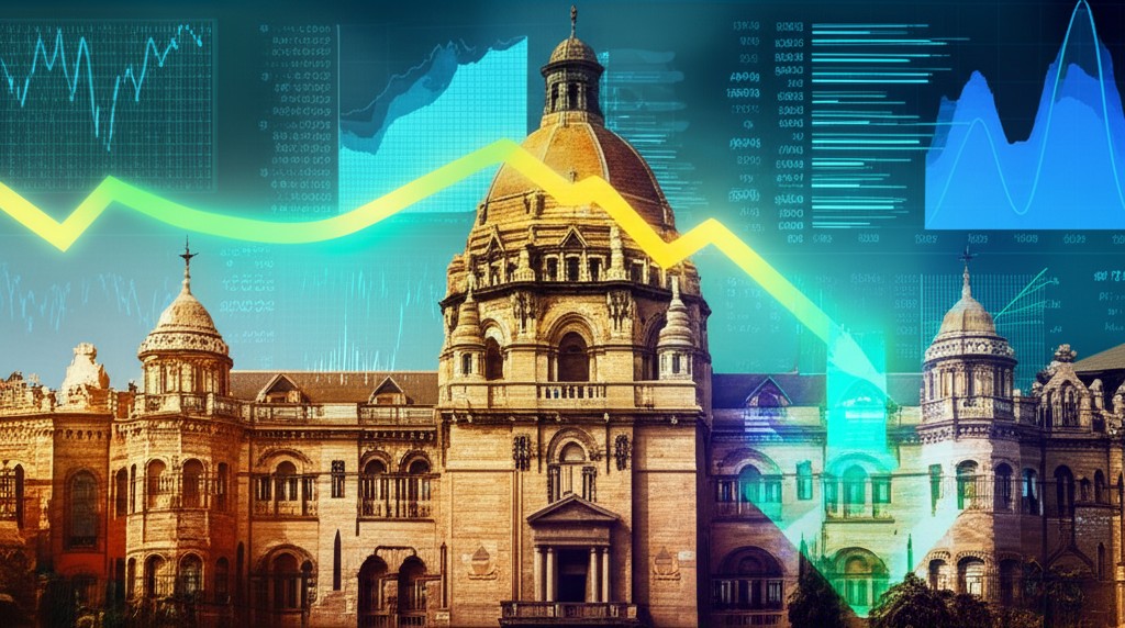 Reserve Bank of India building with overlaid economic indicators and growth charts