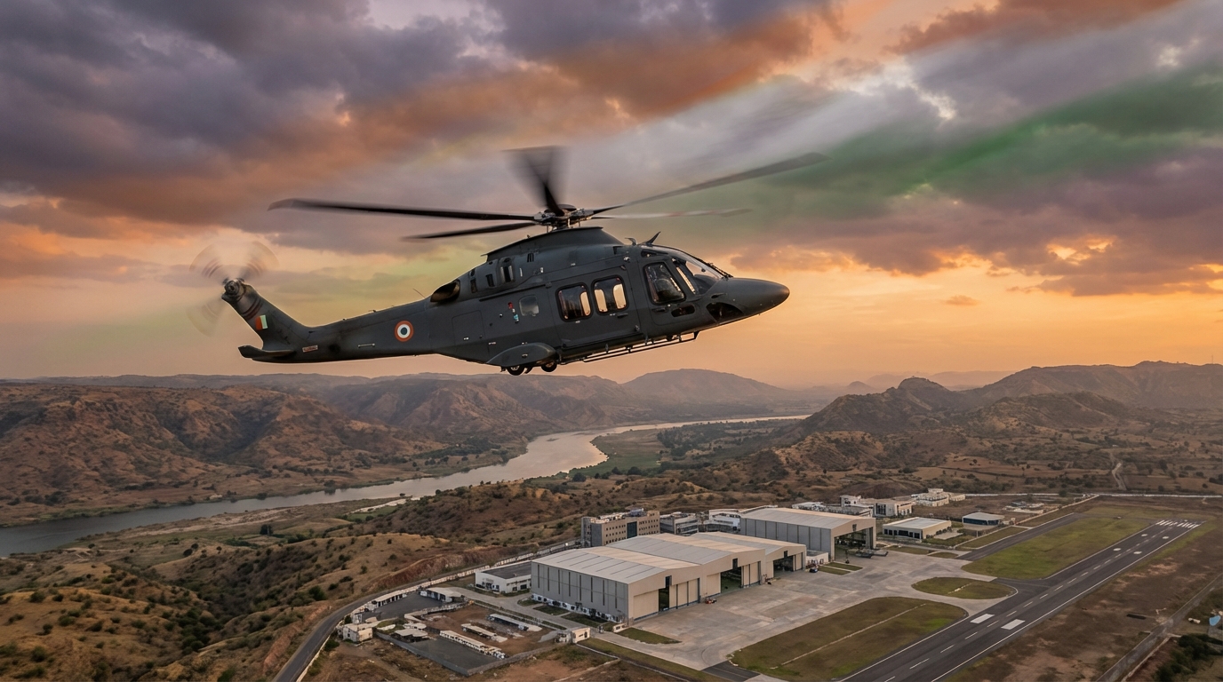 Leonardo AW169M military helicopter over Indian landscape representing the Adani-Leonardo defence manufacturing partnership