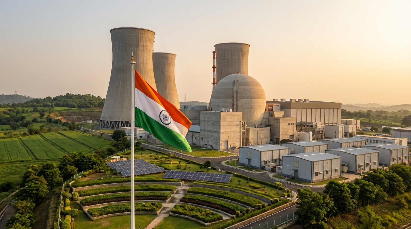 Modern nuclear power plant with Indian flag symbolising the opening of nuclear energy to private and foreign investment