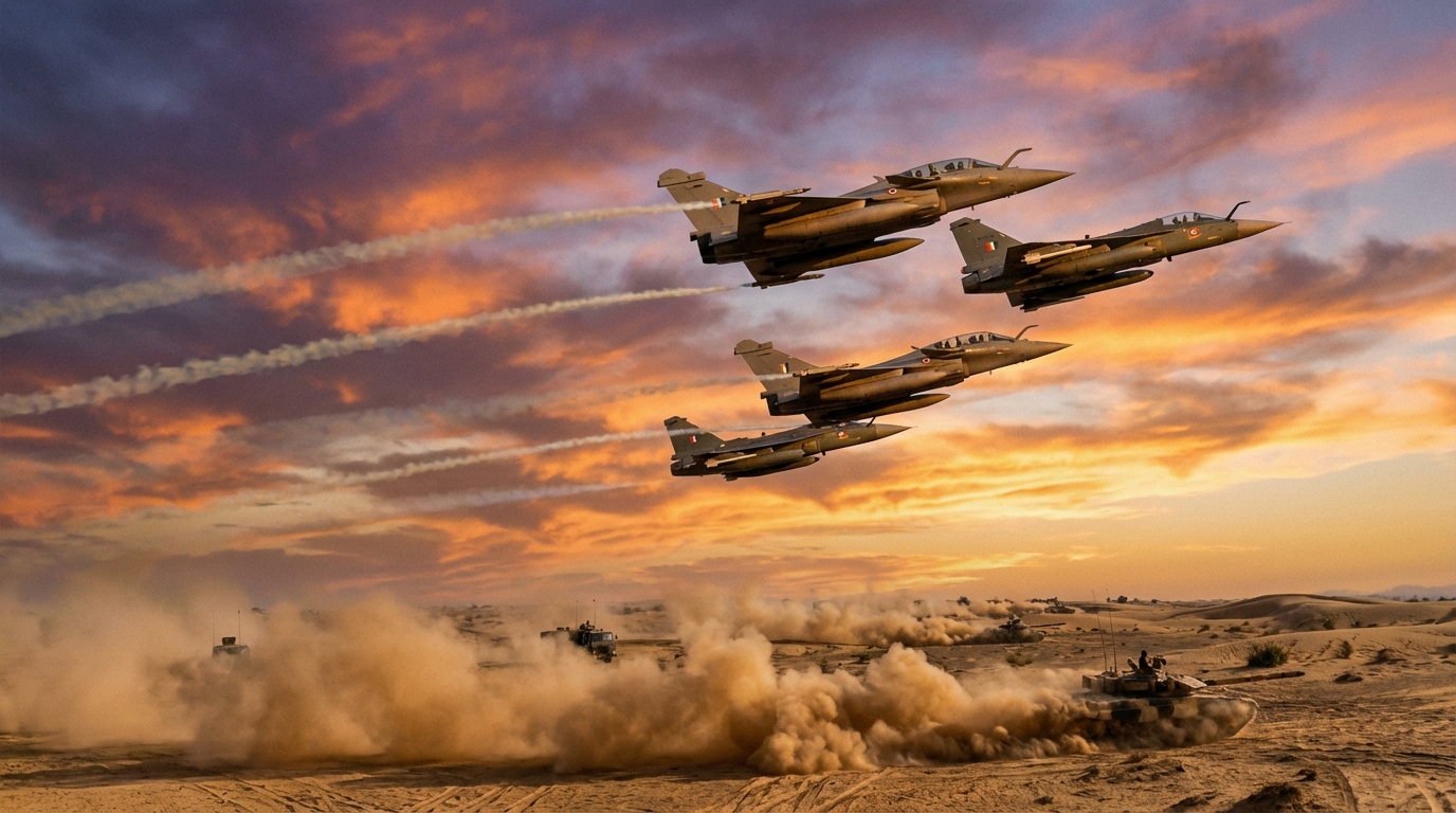 Indian Air Force Rafale and Tejas fighter jets in formation over Rajasthan desert during Vayu Shakti 2026 exercise