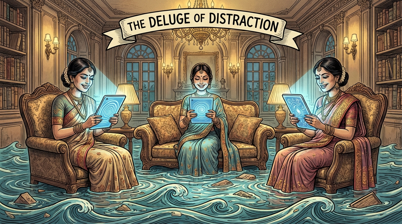 Three women absorbed in glowing screens while water rises around their feet