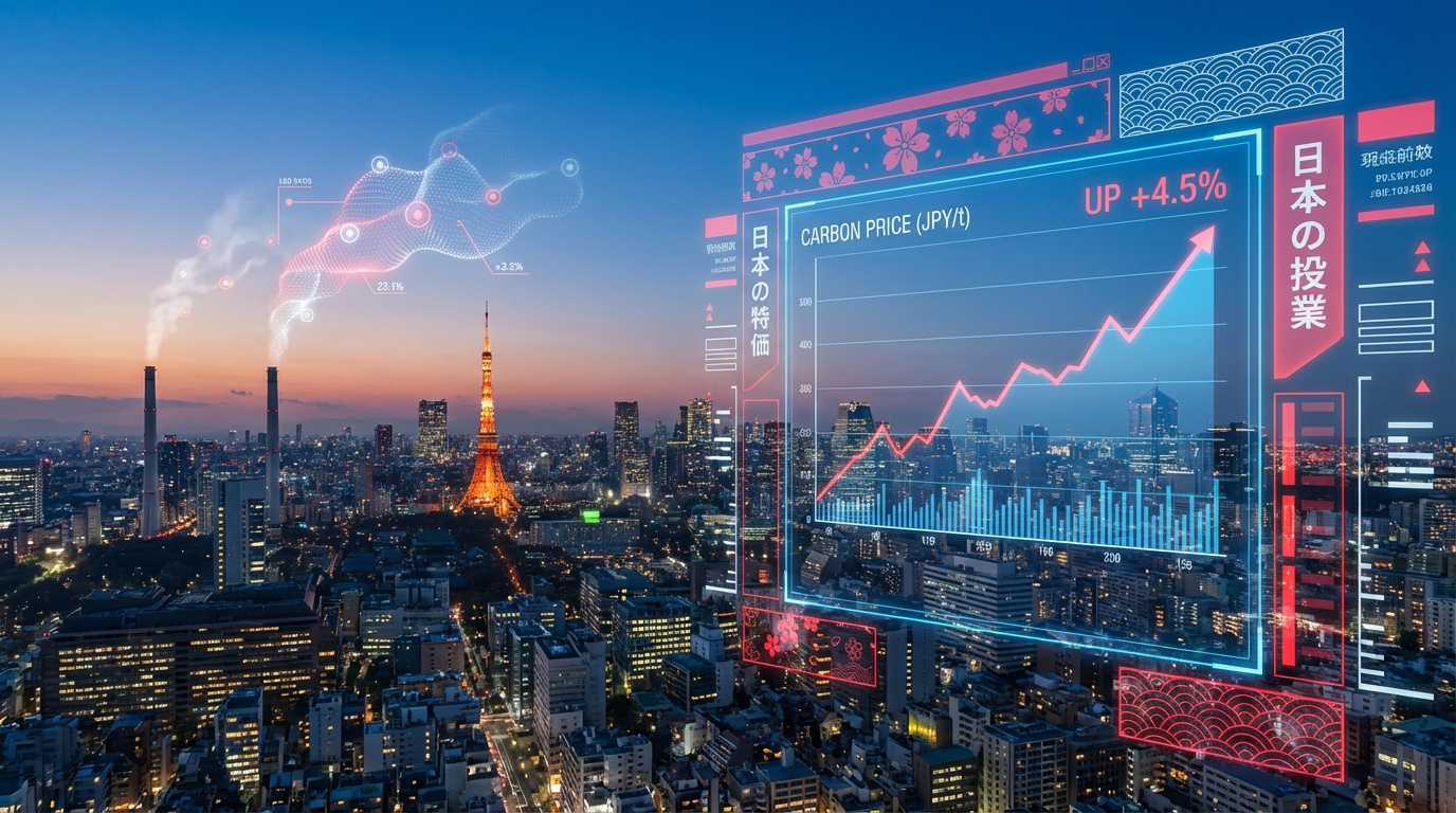Tokyo skyline with carbon emissions visualization and trading floor graphics representing Japan's new mandatory carbon market