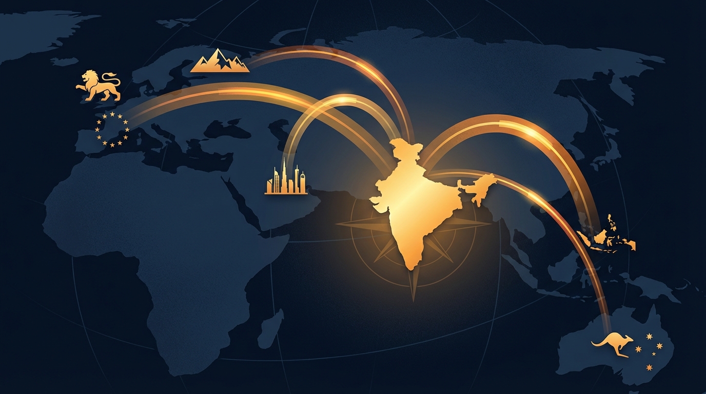 India at the centre of multiple trade corridors radiating to EU, UK, EFTA, and Asia, symbolising strategic diversification
