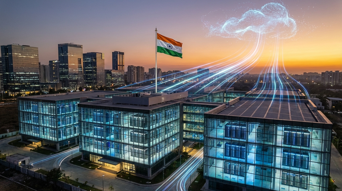 Futuristic Indian data centre campus with servers glowing in blue light and the Indian flag