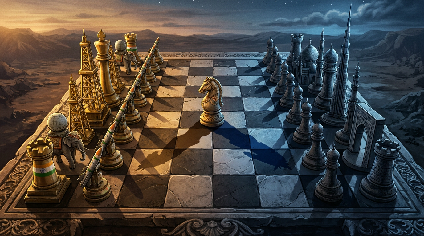 A chess board with Indian tricolour pieces positioned between Gulf and Iranian flags, with oil pipelines and missile defence shields in the background