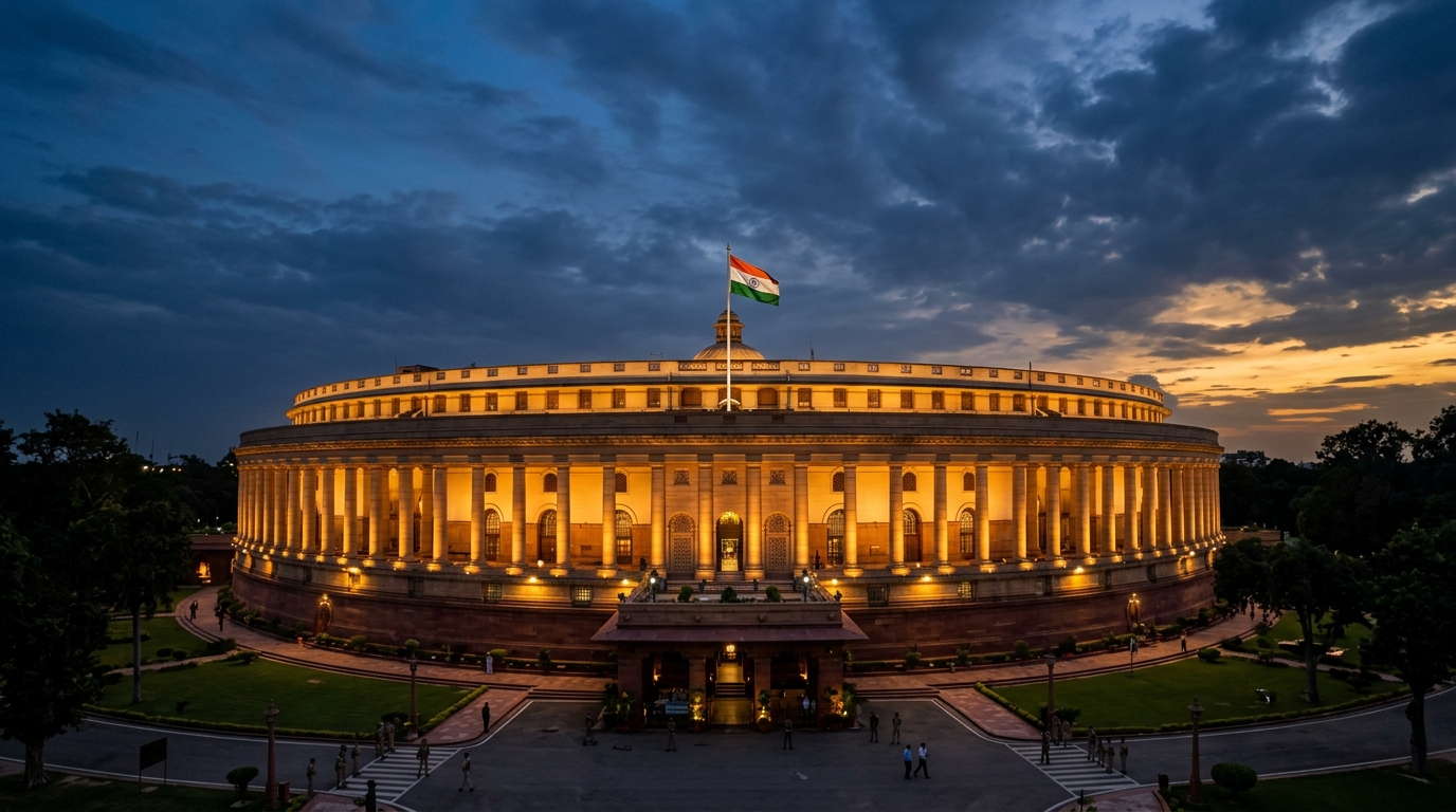 Indian Parliament building illuminated at dusk with tricolour flying, symbolising Rajya Sabha power consolidation