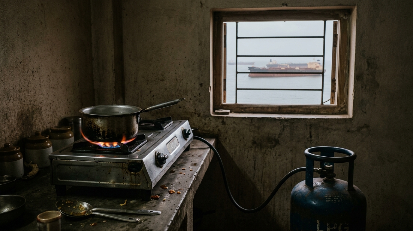 An Indian kitchen with a gas stove flame flickering low, a cooking gas cylinder beside it, and oil tankers visible on a distant sea through a window