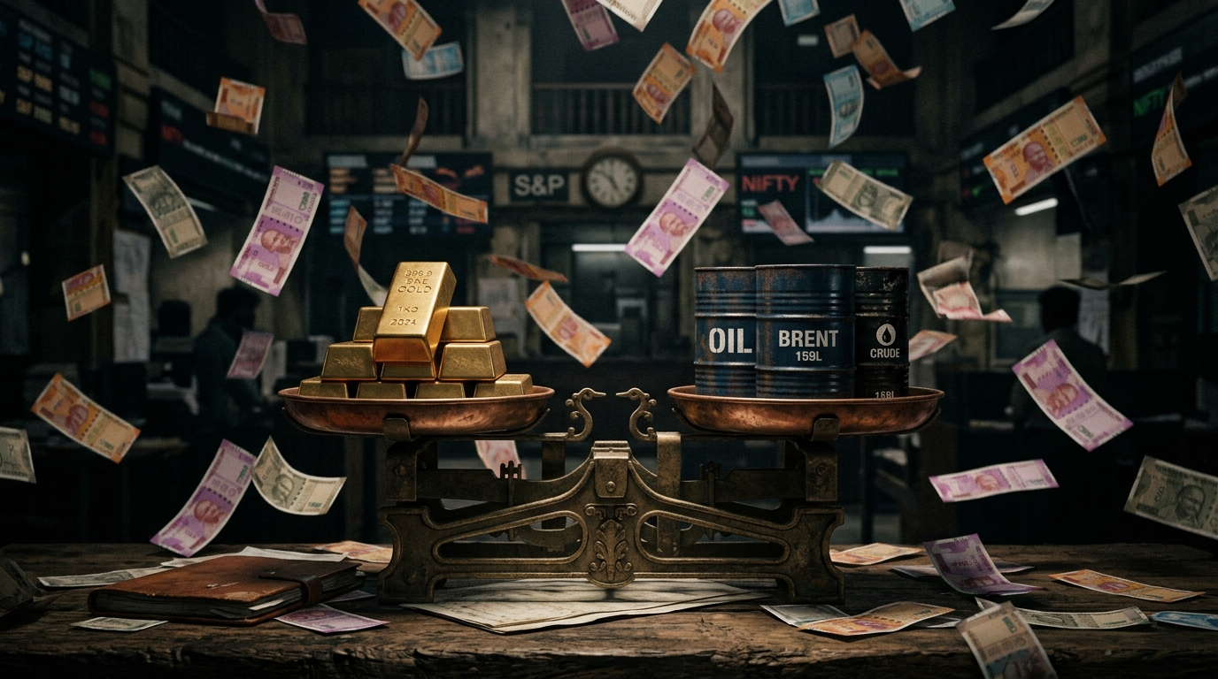 Gold bars and oil barrels on a balance scale with Indian rupee notes falling like leaves in a dark moody financial trading floor
