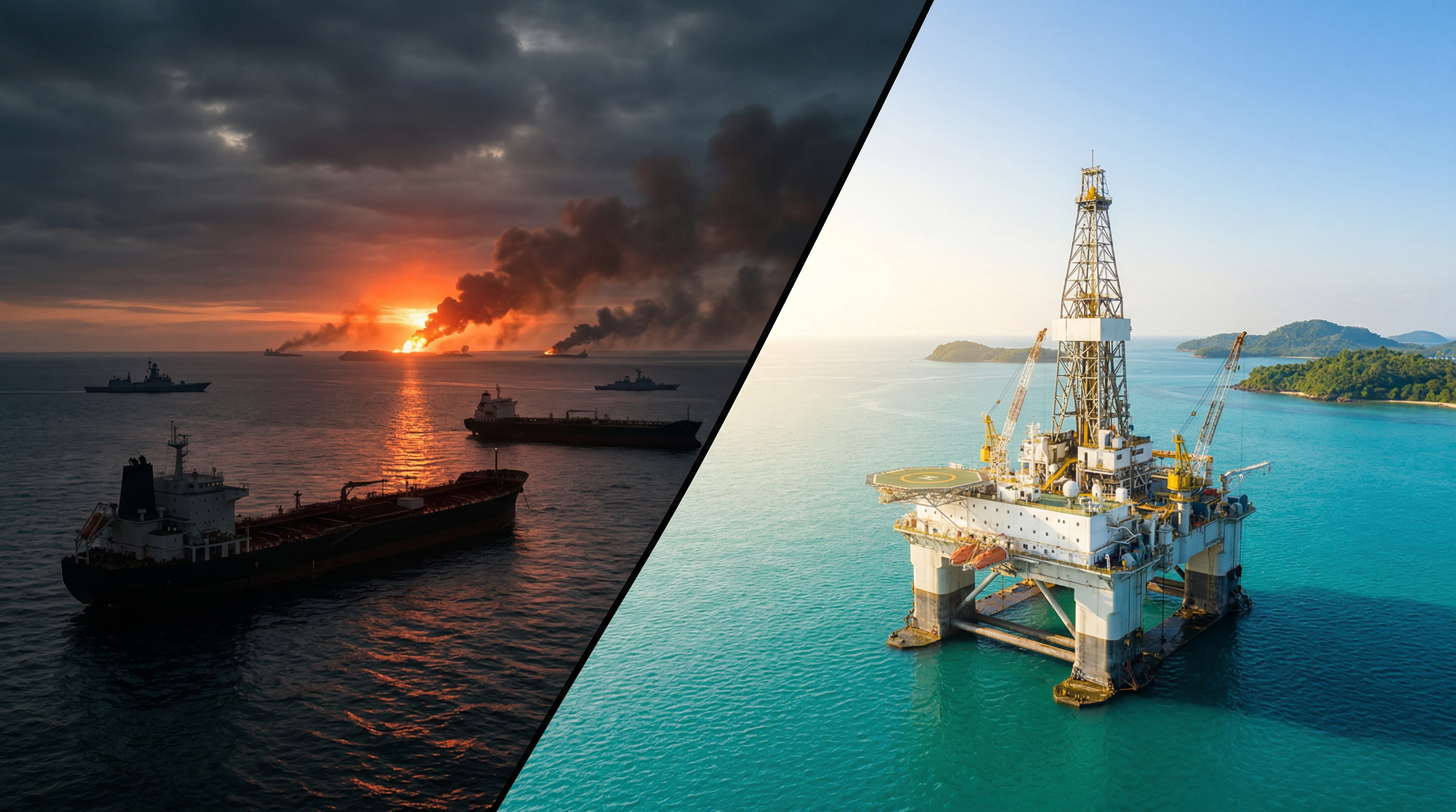 Split image: burning oil tankers stranded in the Strait of Hormuz contrasted with a deepwater drilling rig in turquoise Andaman Sea waters