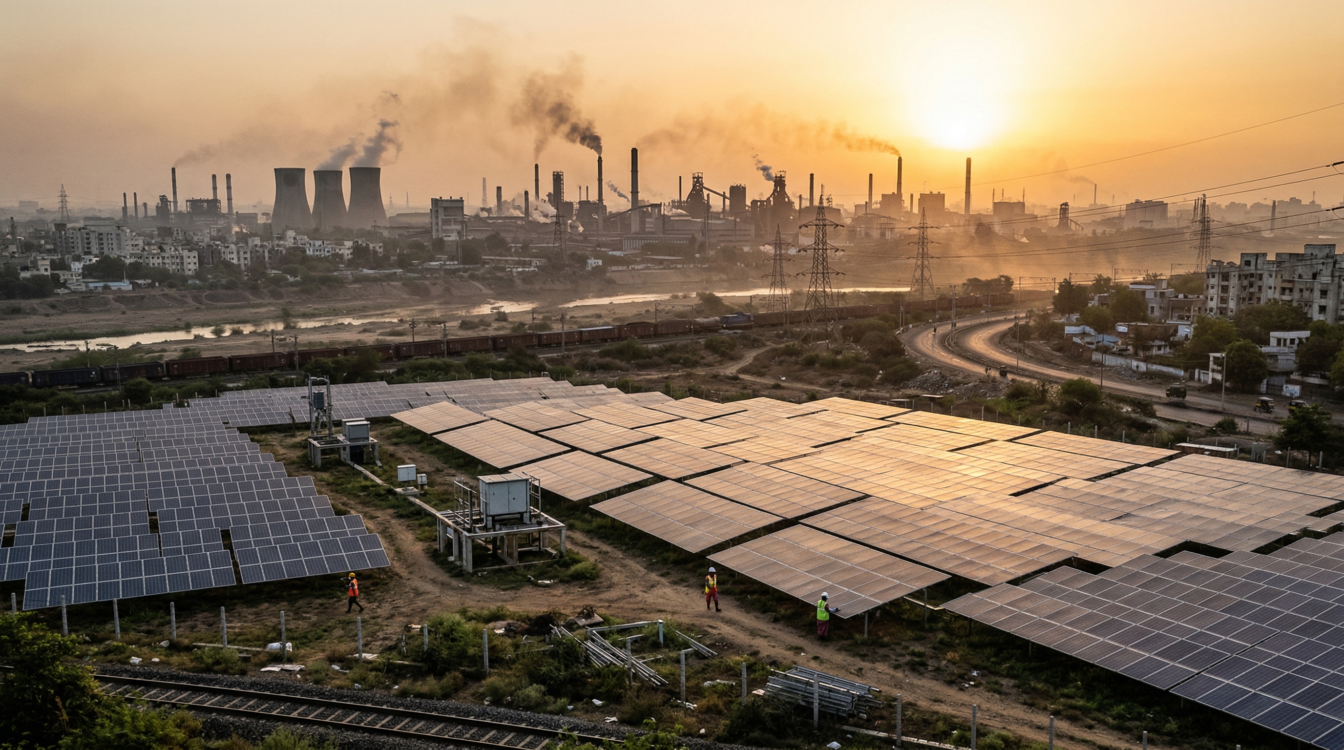 A stylised digital portal screen displaying carbon credit certificates, overlaid on an industrial Indian skyline with smokestacks and solar panels