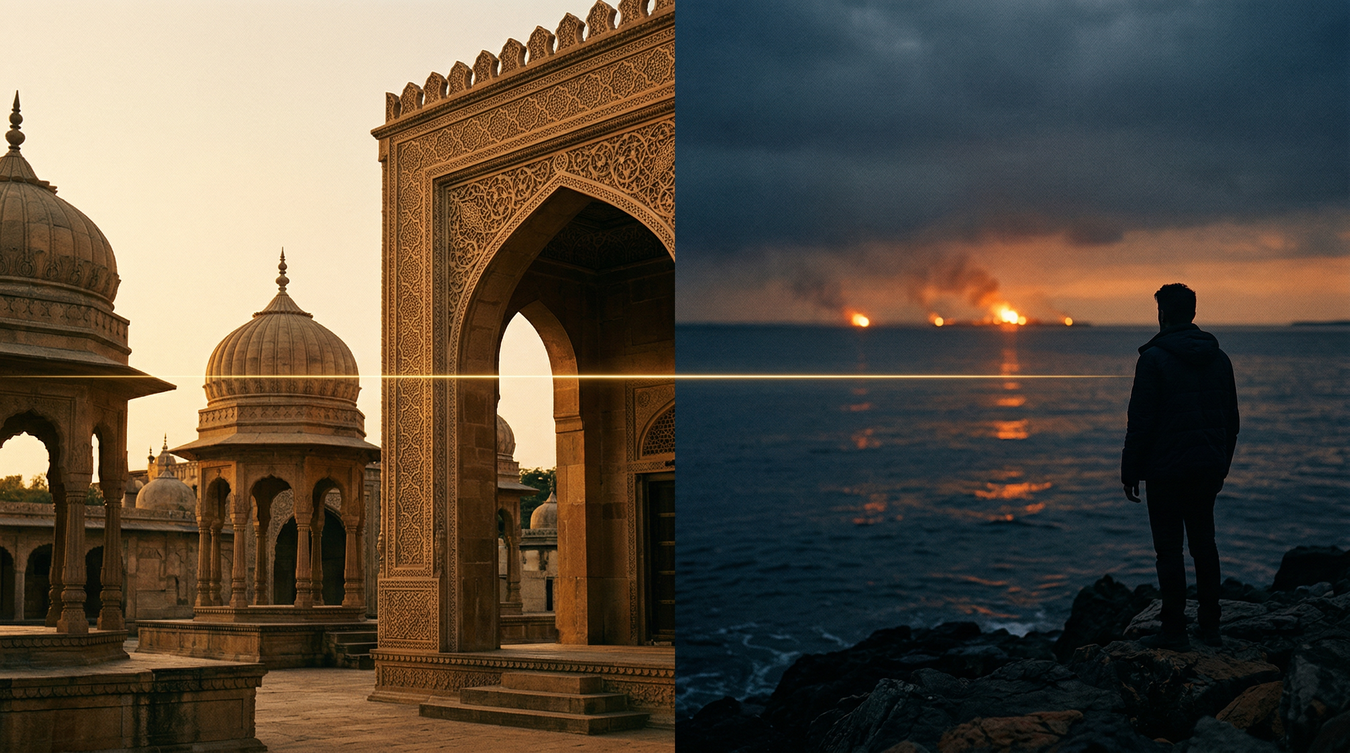 Split image: golden Mughal-Persian archway connected by a thread of light to a solitary figure watching distant fires across a dark ocean