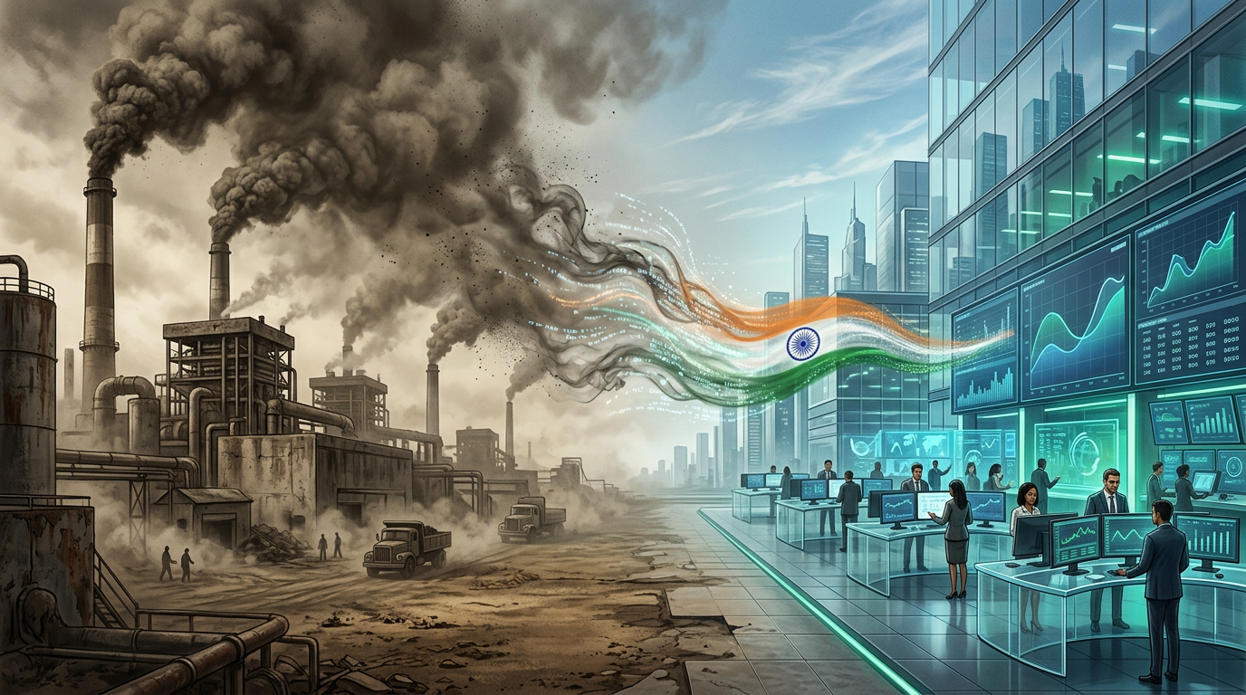 A timeline arc from 1997 to 2026 showing India's climate journey, with a factory smokestack on one end gradually transforming into a trading floor terminal on the other
