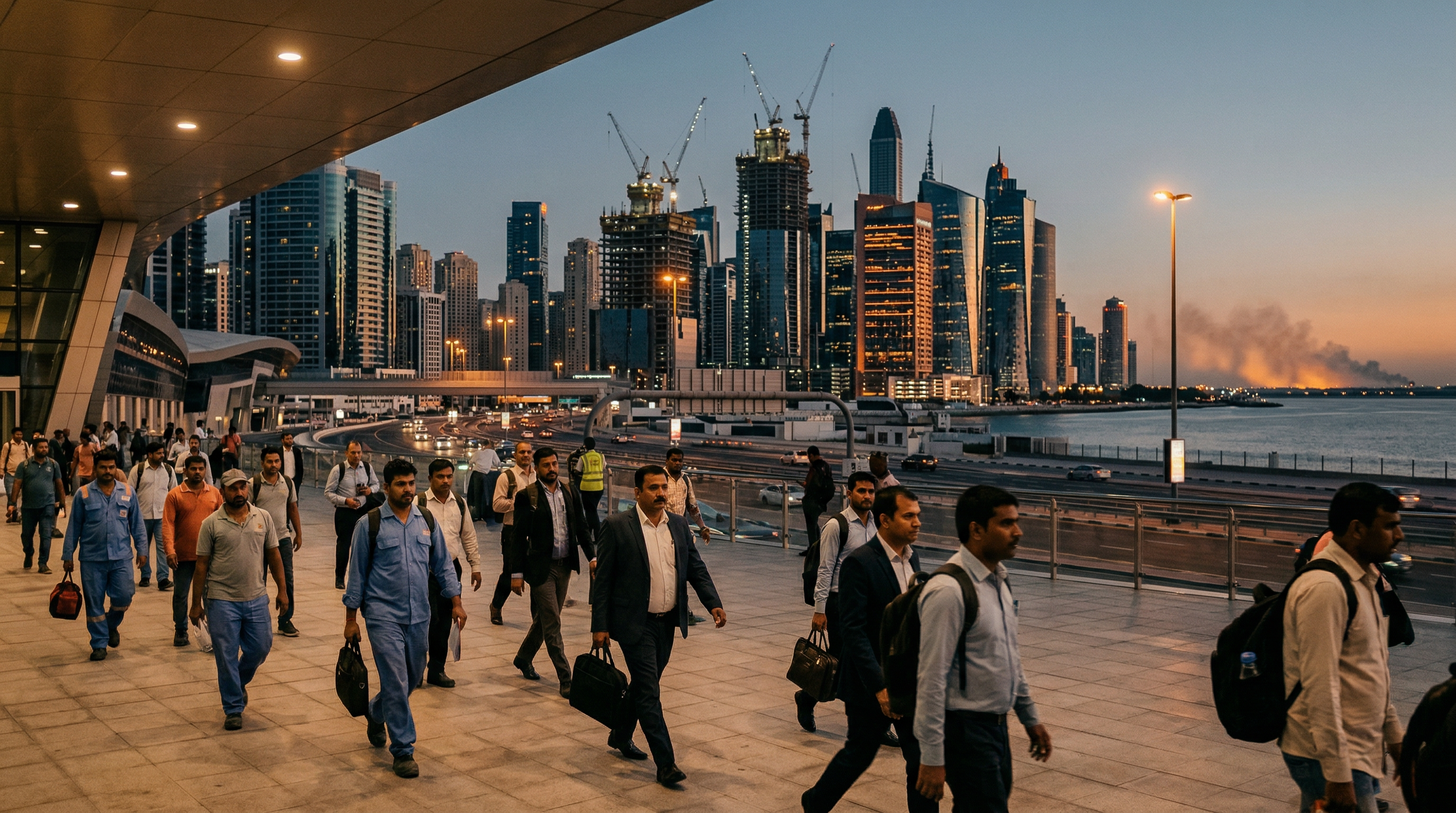 South Asian workers and professionals walking through a Gulf city at dusk with skyline and distant smoke on the horizon