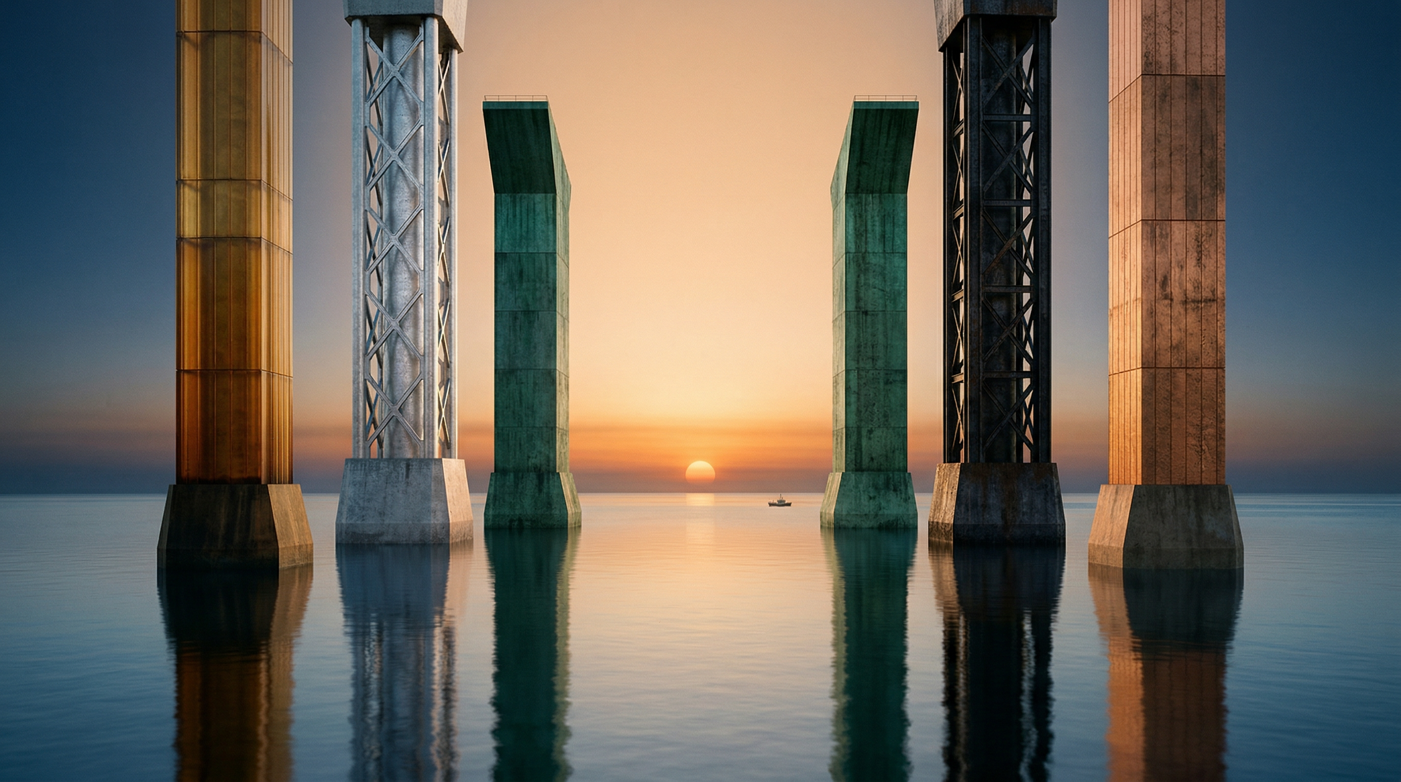 Five monumental pillars of different materials rising from a calm ocean at dawn, symbolising India's five-pillar energy doctrine