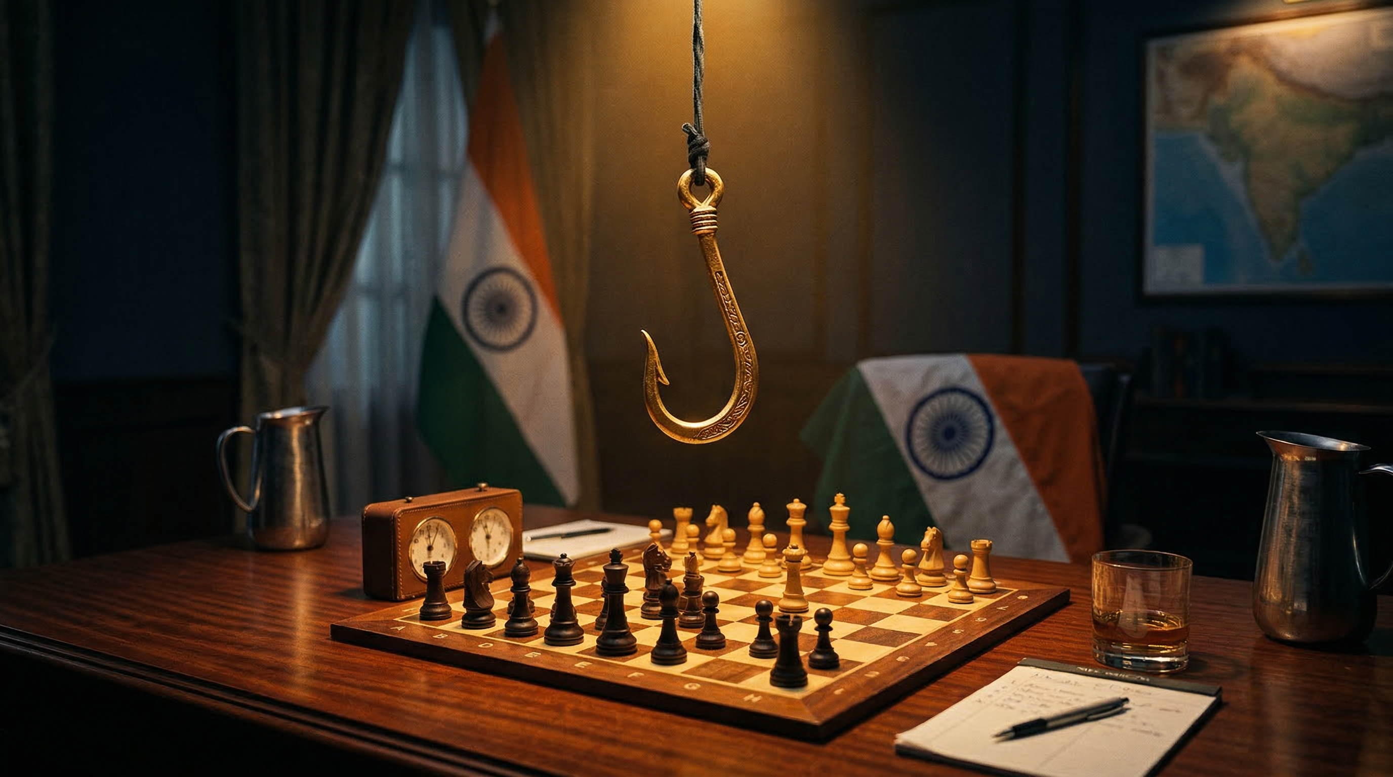 A golden fishing hook suspended over a chess board with Indian flags, symbolising the mediation trap
