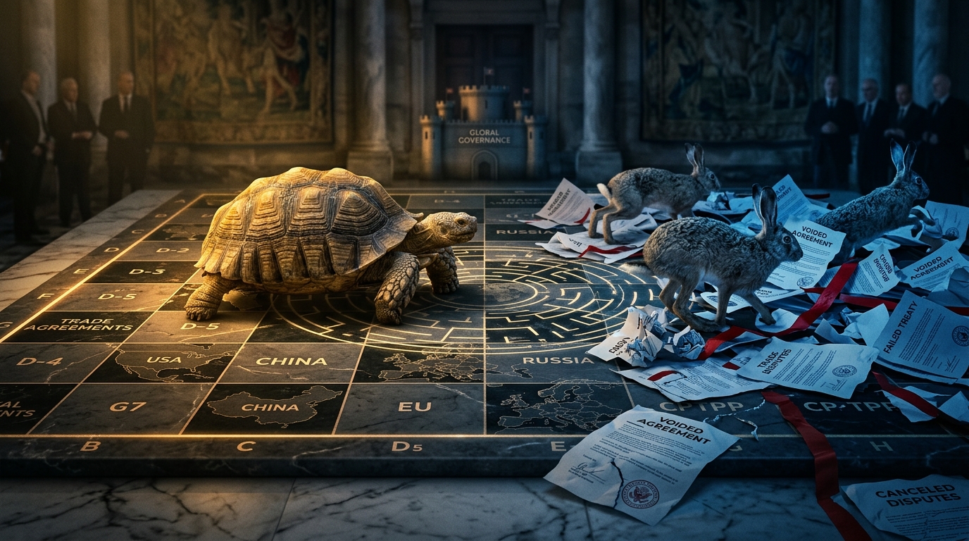 A tortoise steadily advancing on a geopolitical chessboard while hares stumble over voided trade documents