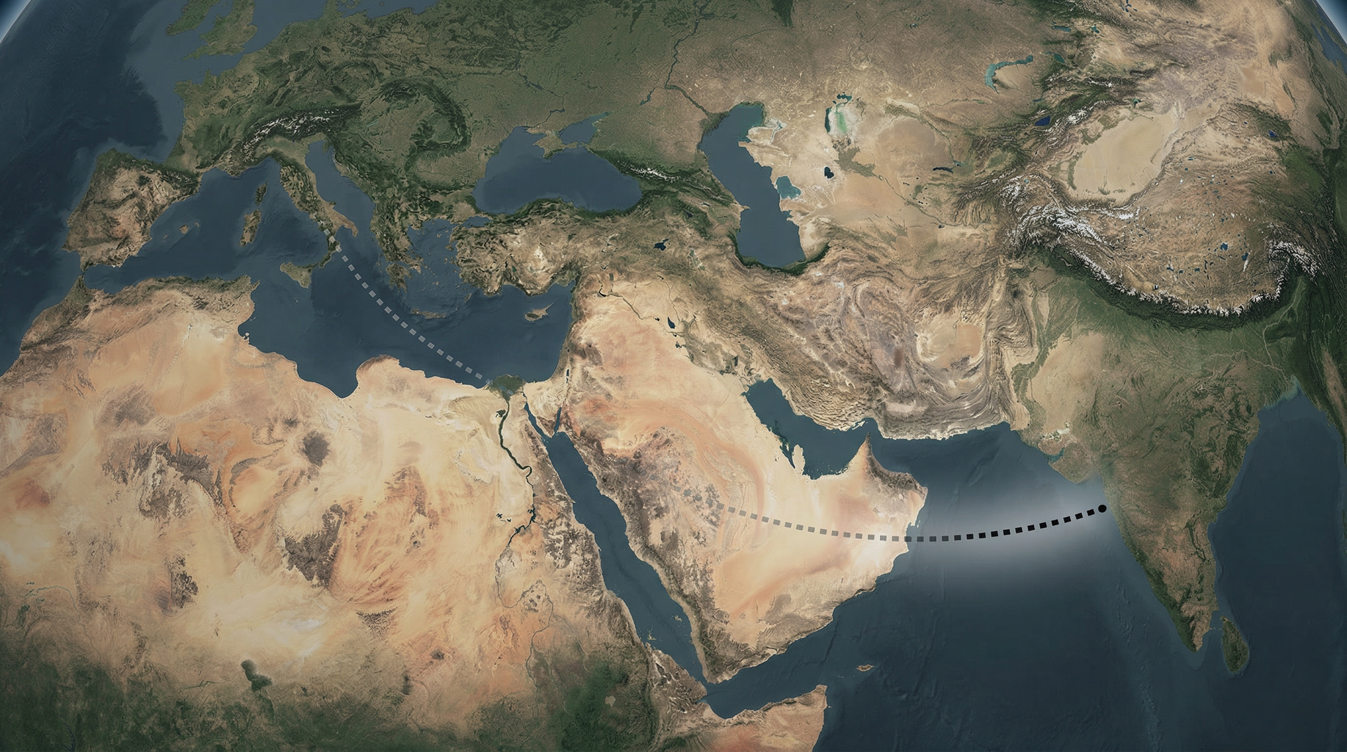A dotted line on a map connecting India to Europe through the Middle East, with sections fading into transparency