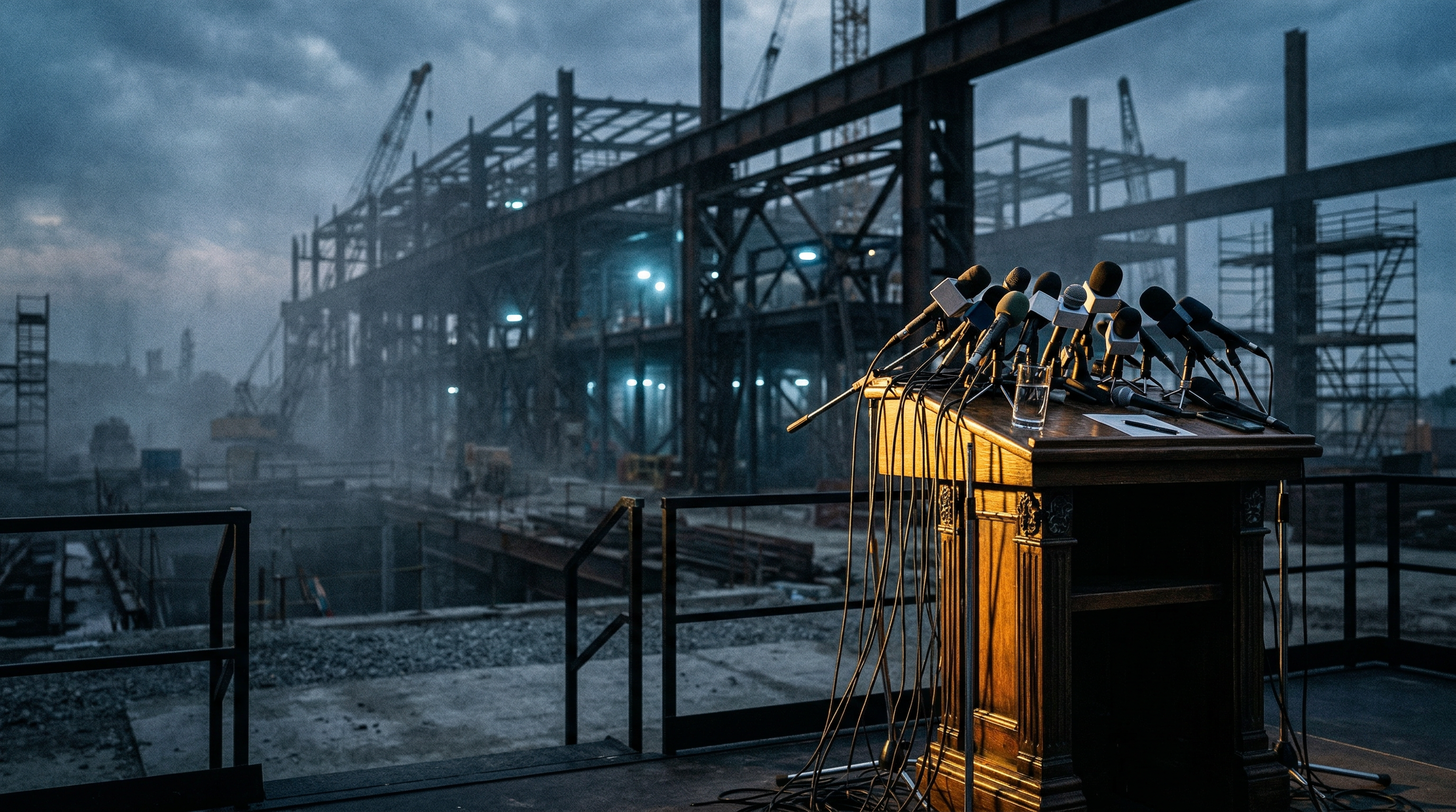 A grand podium with microphones in sharp focus, behind it a half-built factory fading into haze