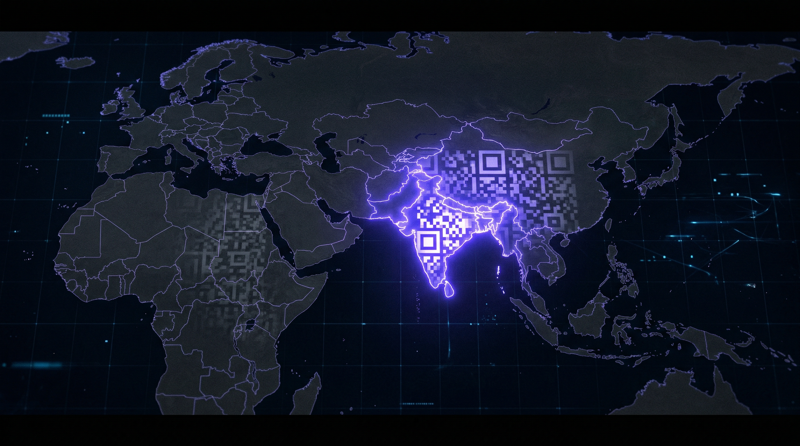 A UPI QR code projected onto a world map, bright over India and South Asia, fading to grey across other continents