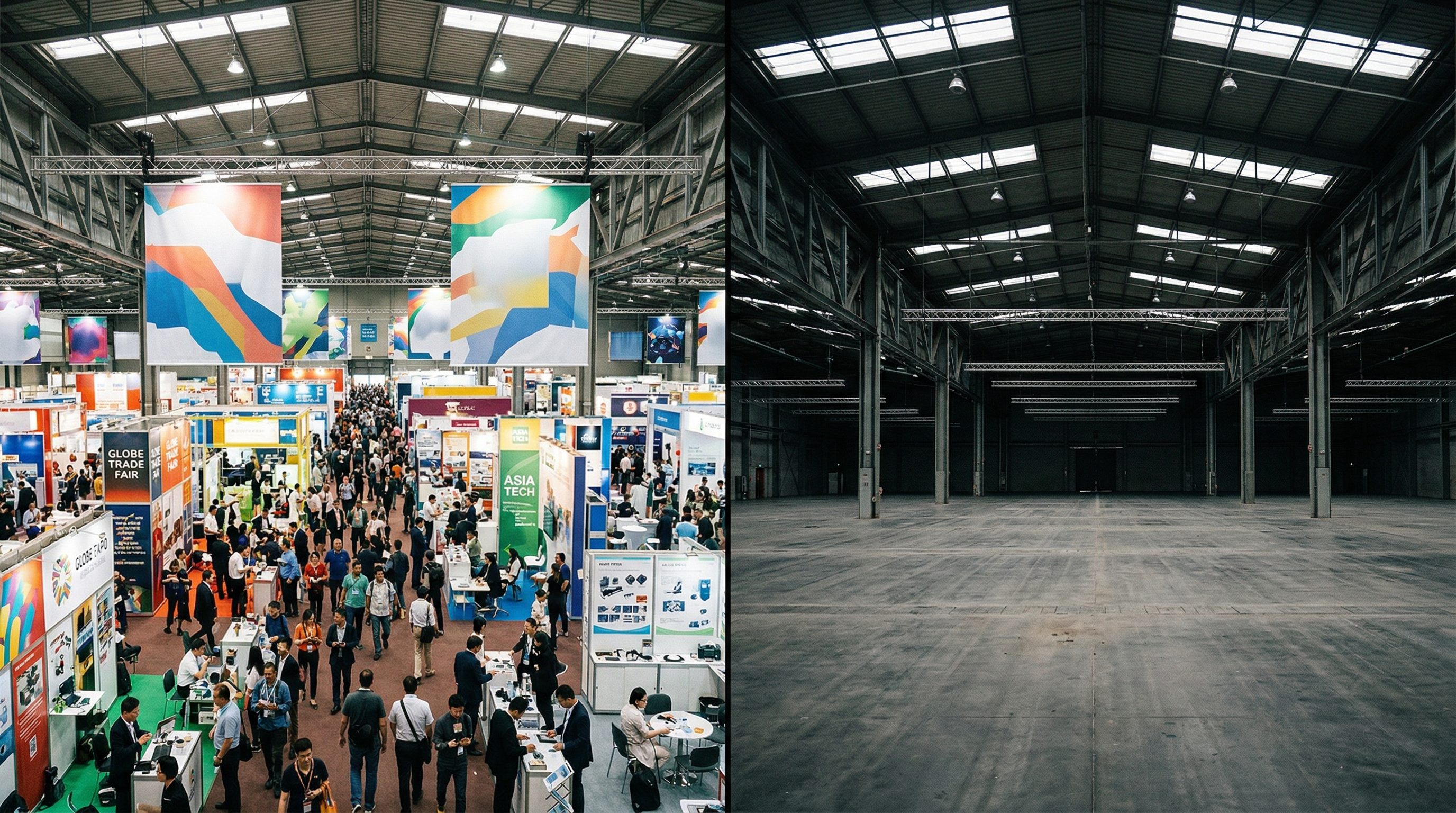 Split image: a vast Canton Fair exhibition hall packed with buyers on the left; an empty Indian trade fair booth on the right