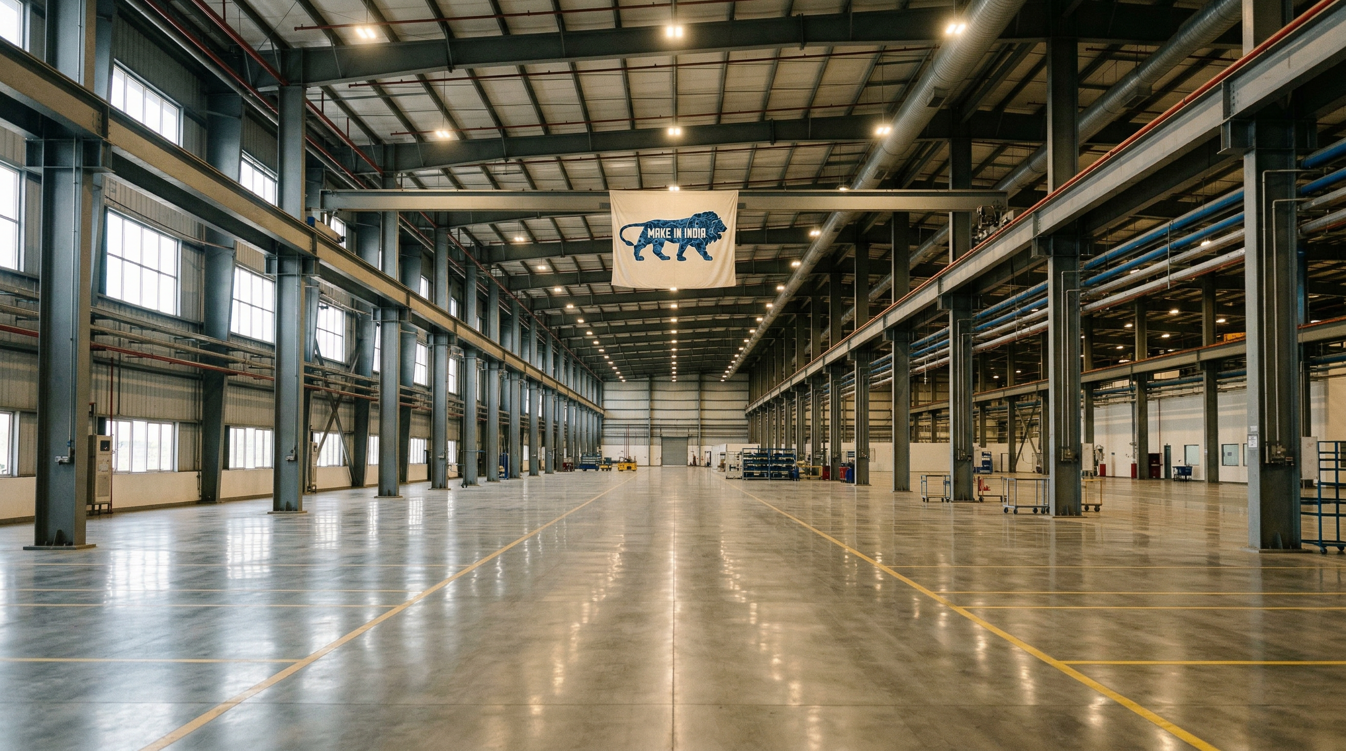 An empty factory floor with a single 'Make in India' banner hanging above idle machinery