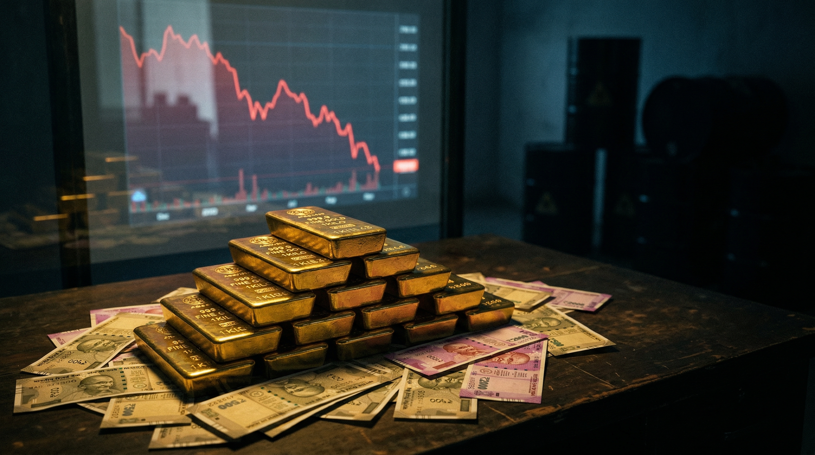 Gold bars stacked against a backdrop of Indian rupee notes and a downward-trending market chart, with oil barrels in shadow