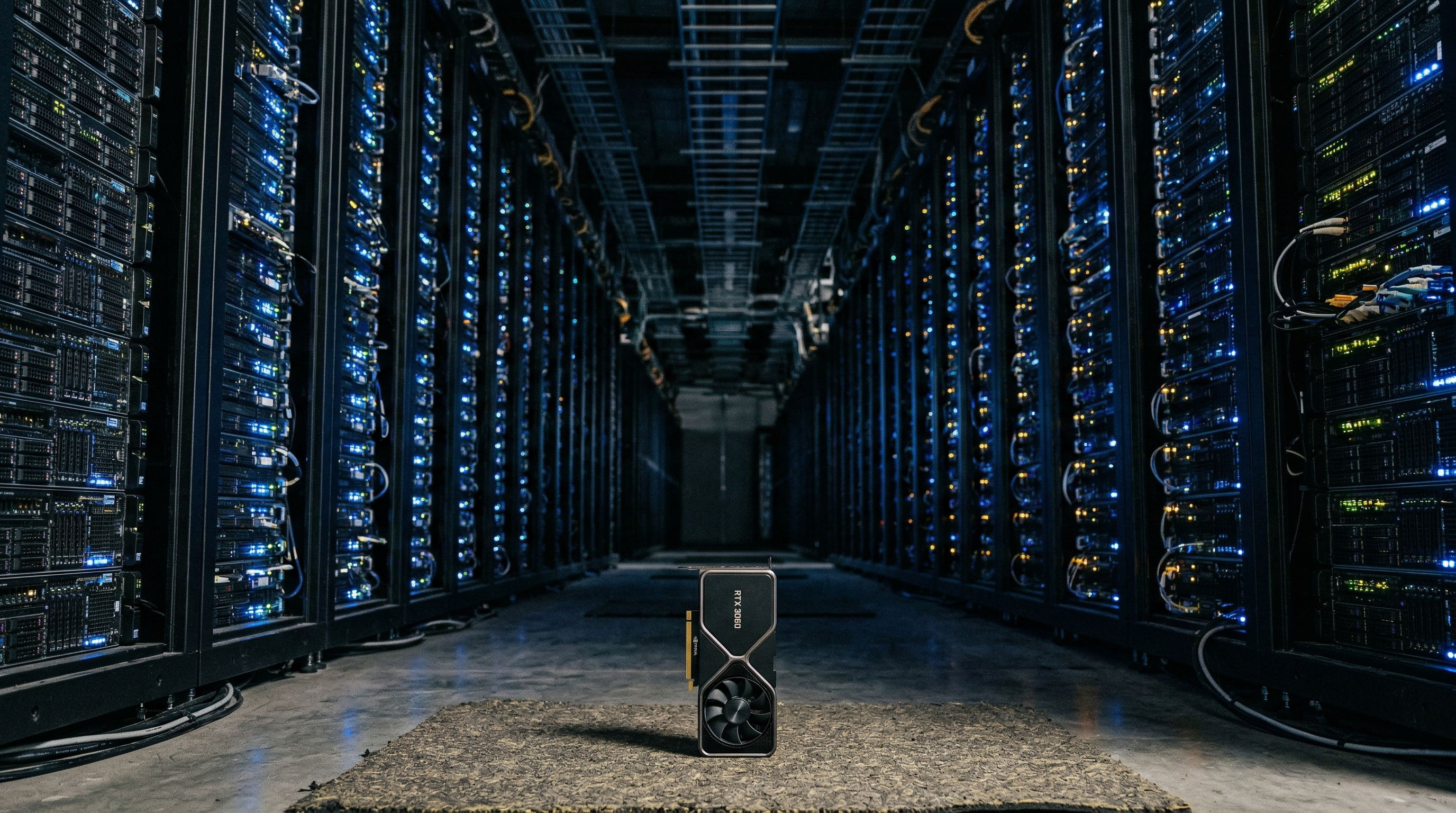 A single GPU chip dwarfed by towering server racks stretching to the horizon, illustrating scale disparity