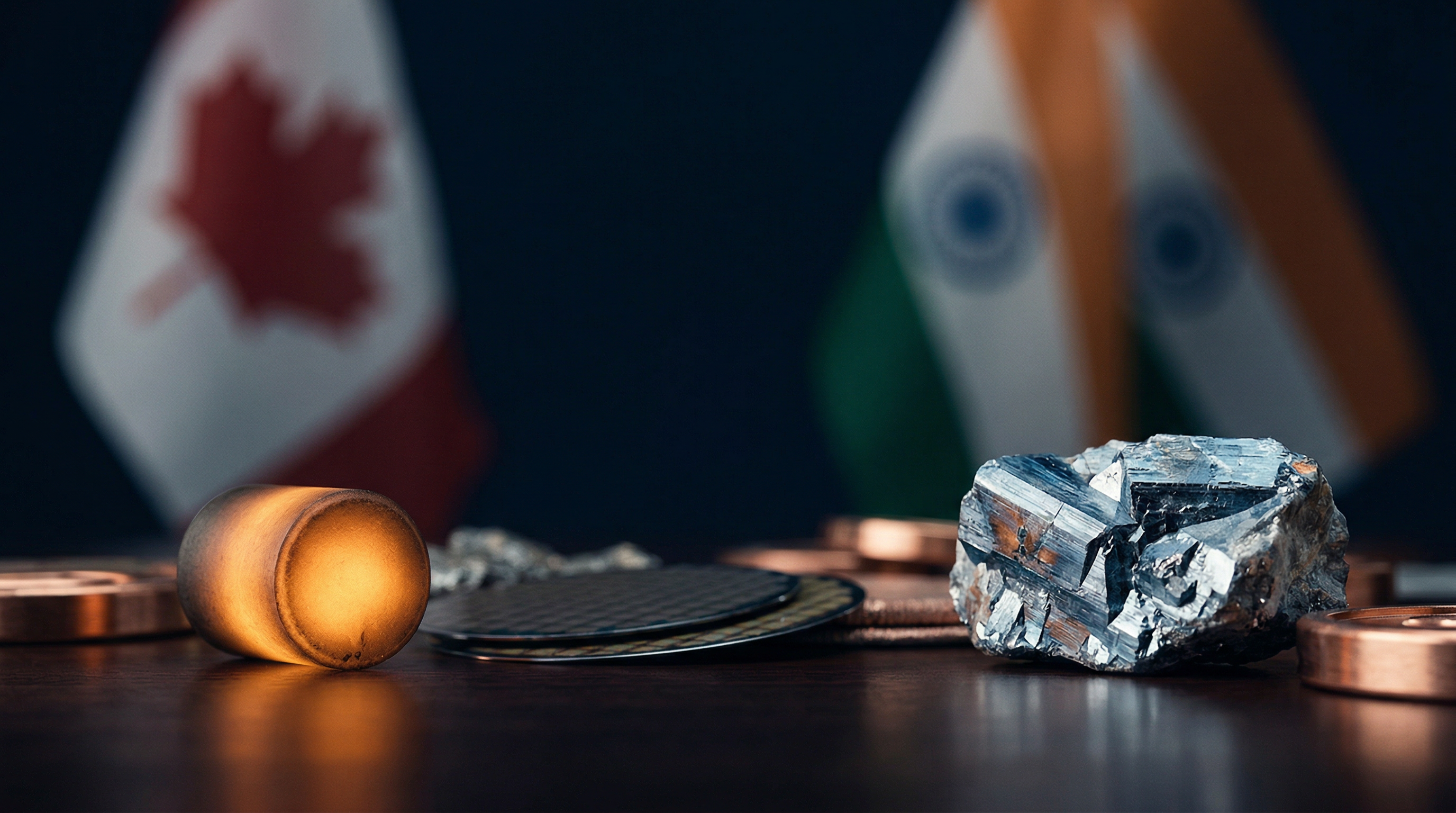 Canadian and Indian flags overlaid on a uranium fuel pellet and semiconductor wafer, symbolising the new strategic energy and technology partnership