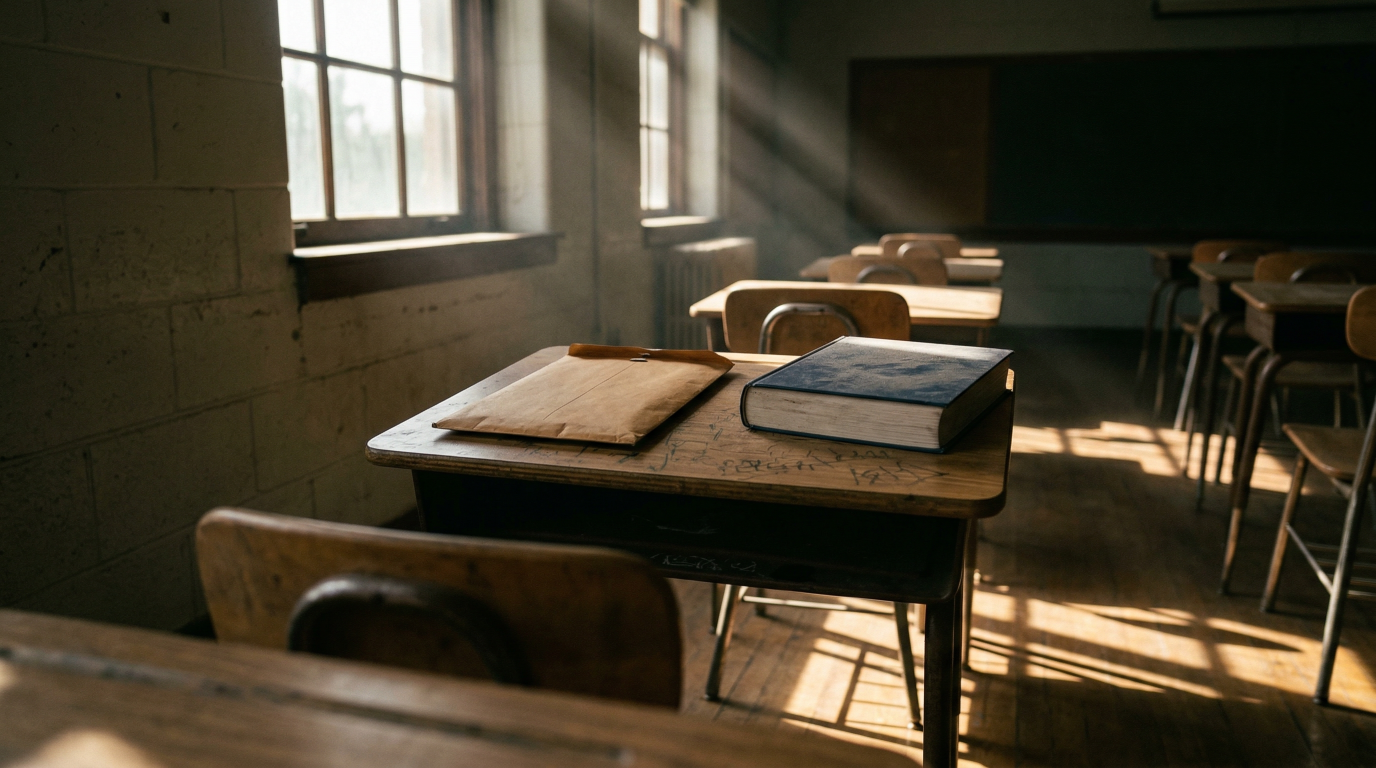 An empty school desk with a closed report card face-down, a dusty AI textbook beside it