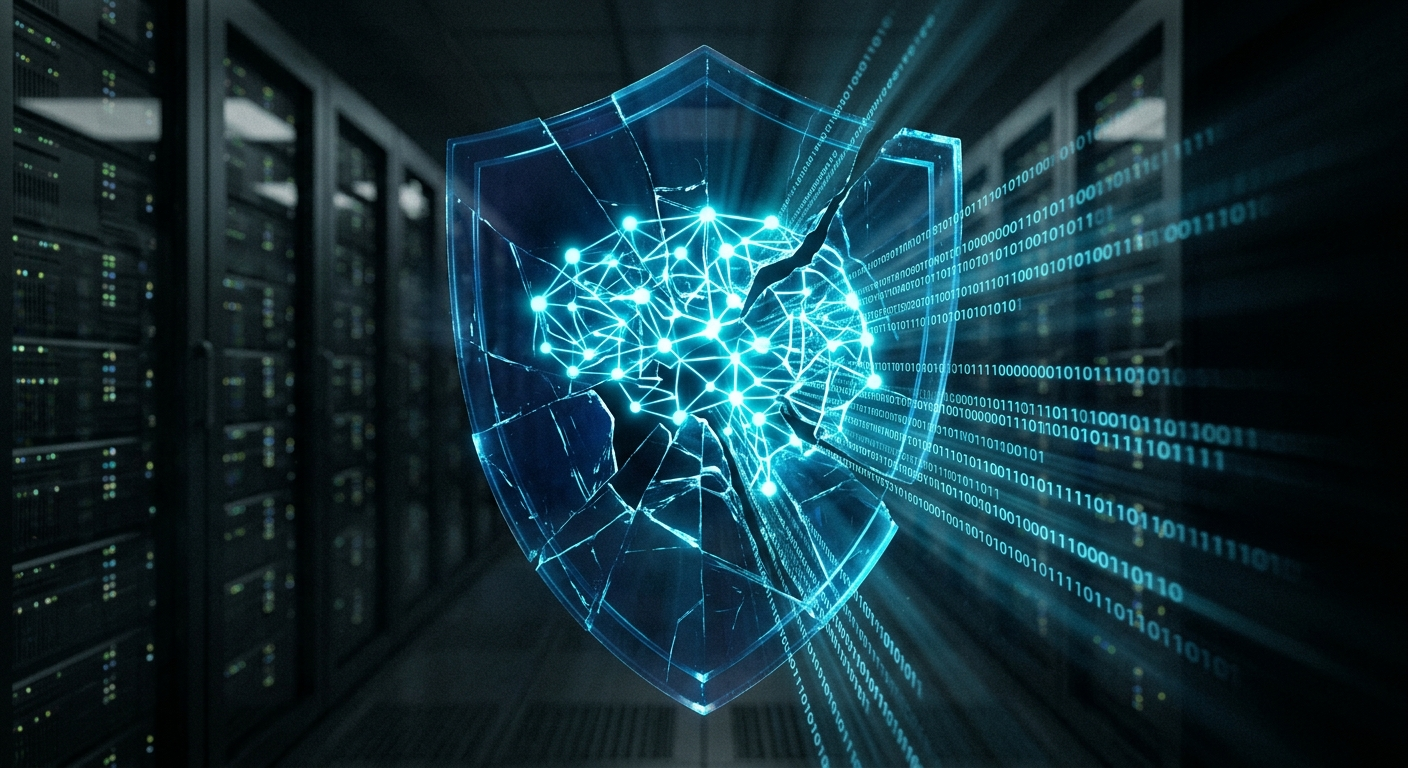 A cracked digital shield with AI neural network patterns leaking through the fractures, corporate servers visible behind it