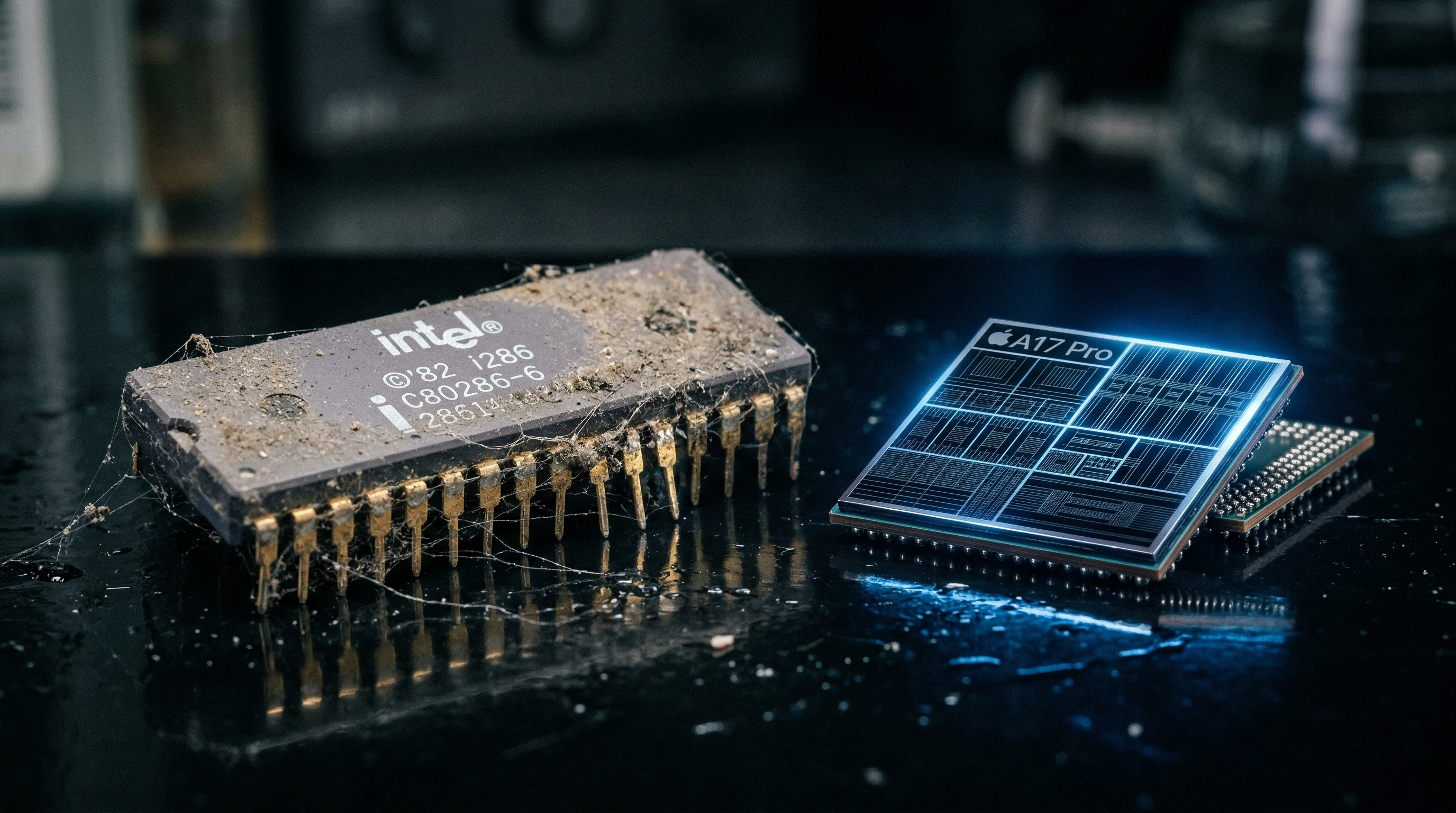A timeline stretching from 1983 to 2026 with semiconductor chips at various nodes, the early ones gathering dust