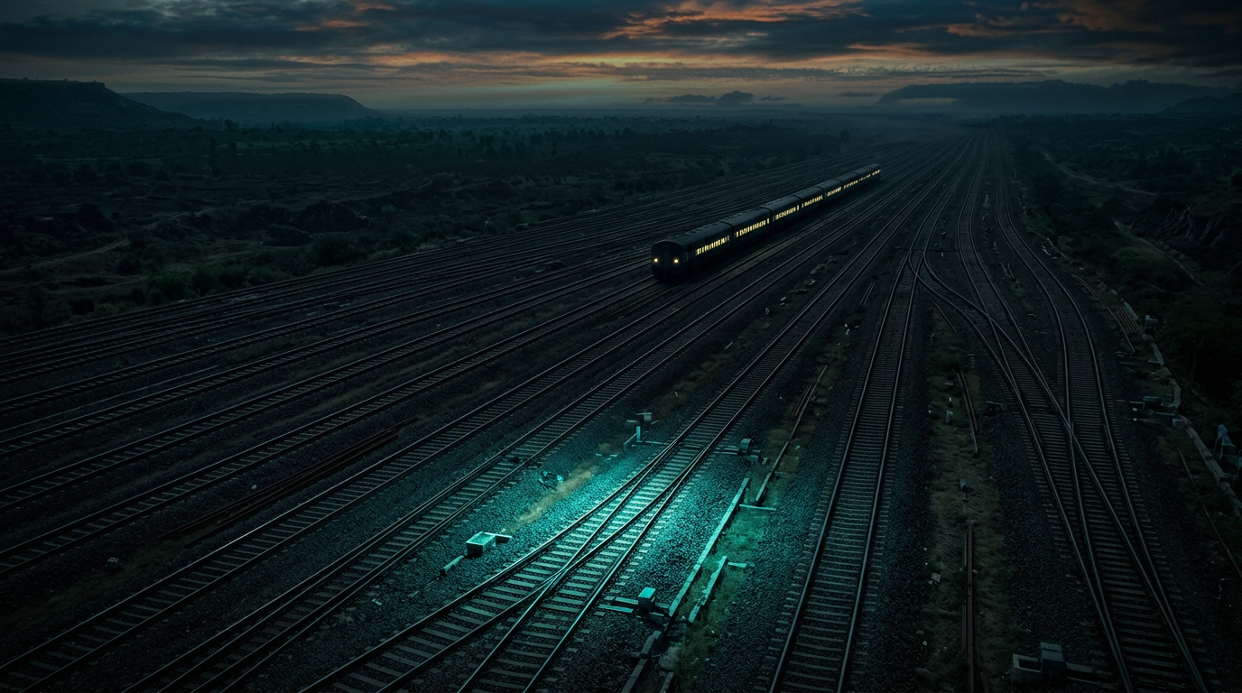 An Indian railway track stretching into the distance, with a small illuminated section near the viewer representing Kavach coverage, and vast dark tracks beyond
