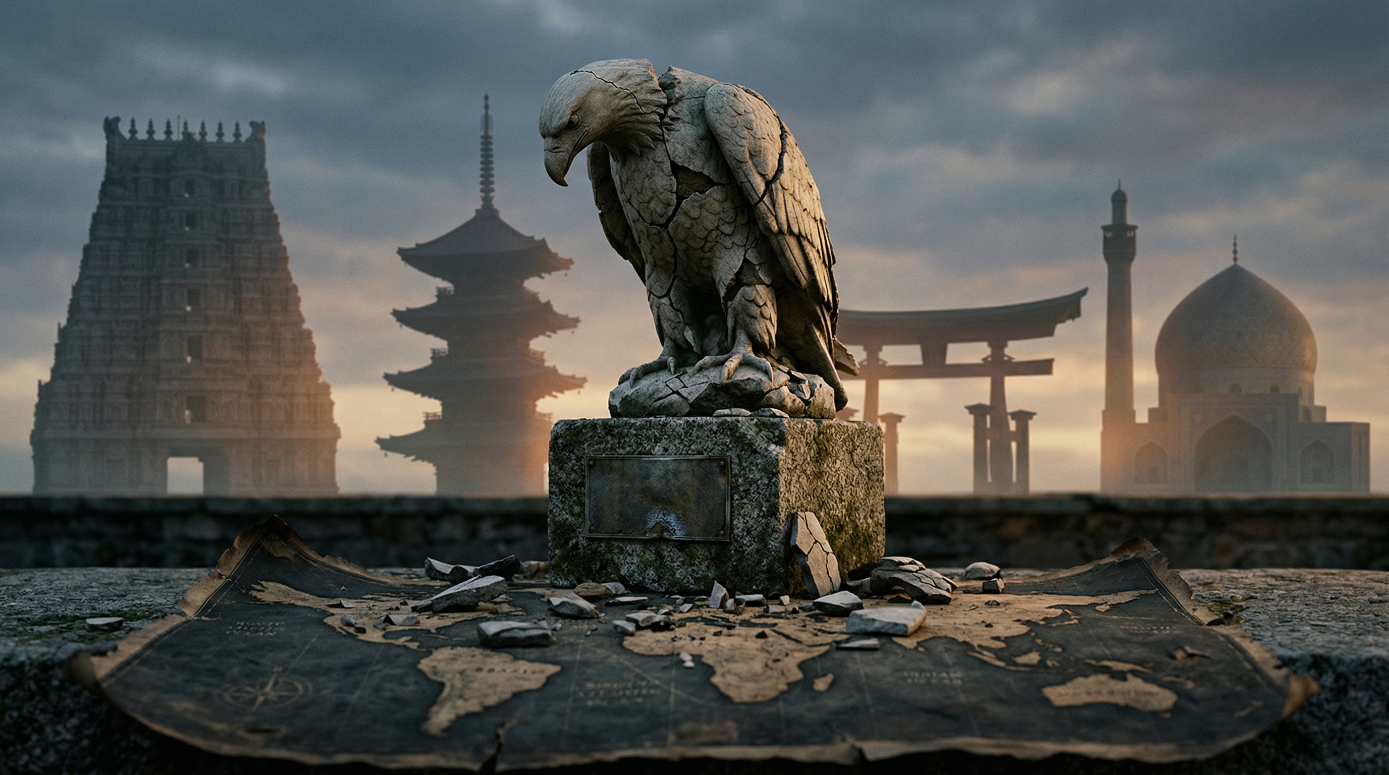 A cracked bald eagle statue on a pedestal, with fragments scattering across a world map; rising behind it, silhouettes of civilisational symbols from India, China, Japan and Persia catching first light