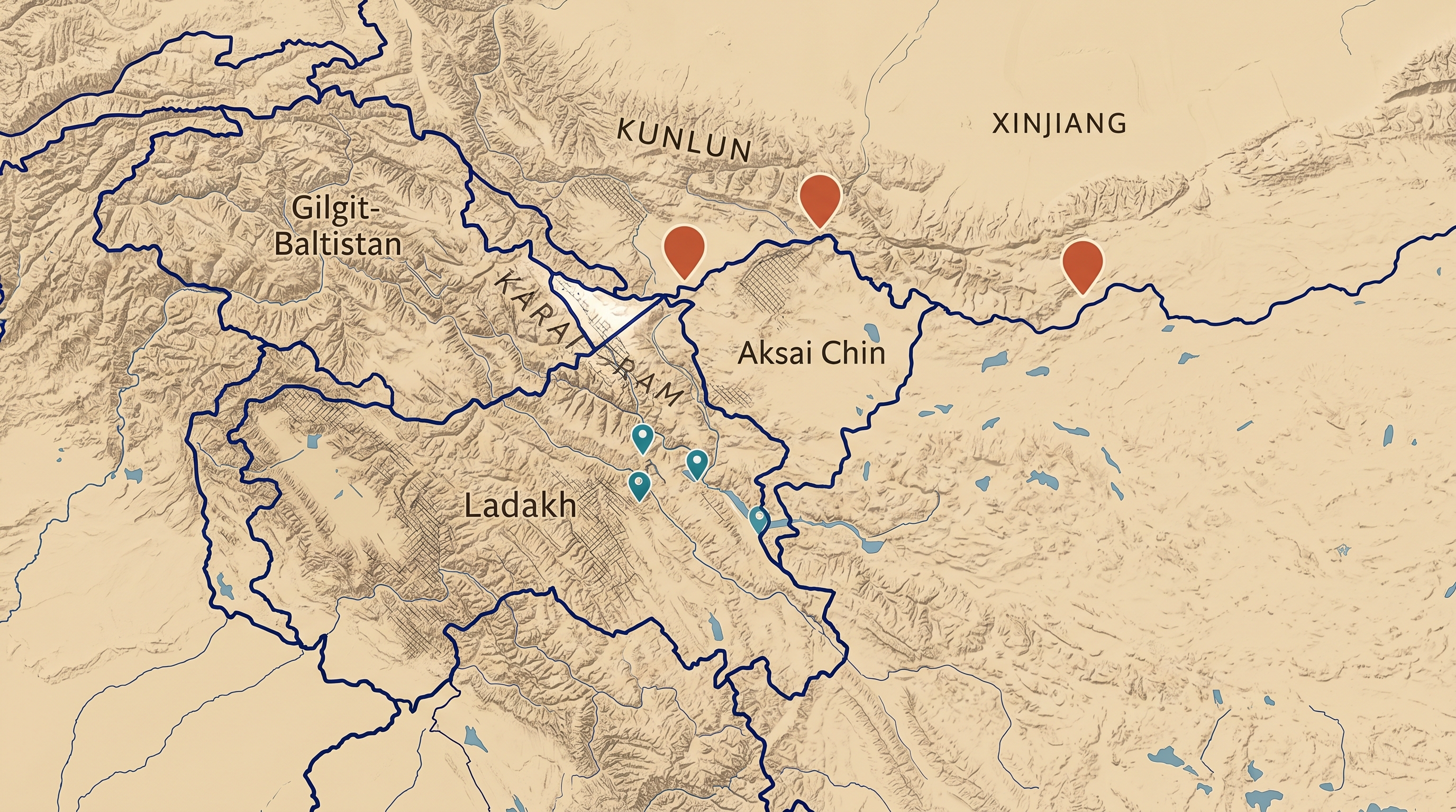Map-style illustration of the Xinjiang frontier showing Cenling, He'an and Hekang counties with India's BRO bridge and tunnel projects overlaid across Ladakh and Arunachal Pradesh