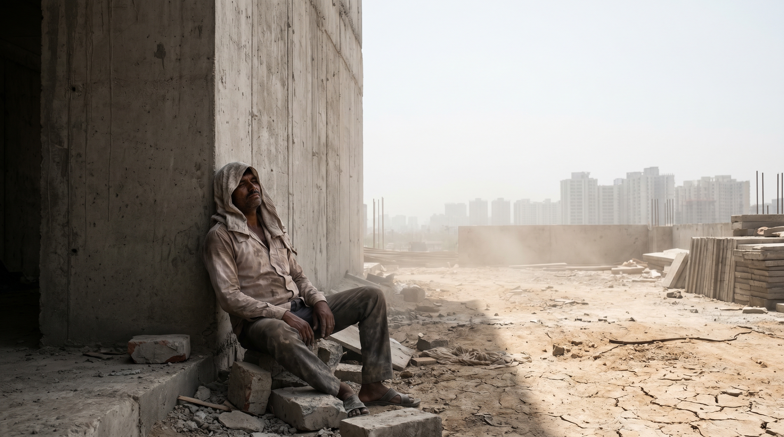 A construction worker rests in the shade of a half-built wall in Delhi, the sky behind him bleached white with heat