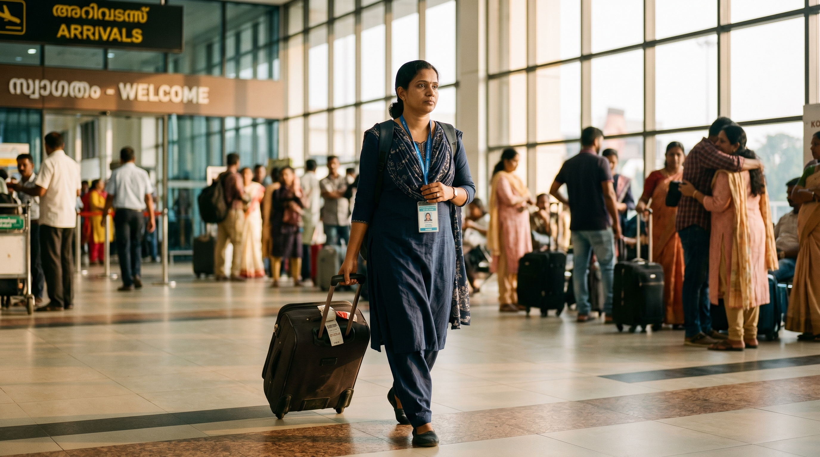 A returning Indian nurse at Thiruvananthapuram airport, Saudi nursing licence visible in her hand, Kerala coast in the background