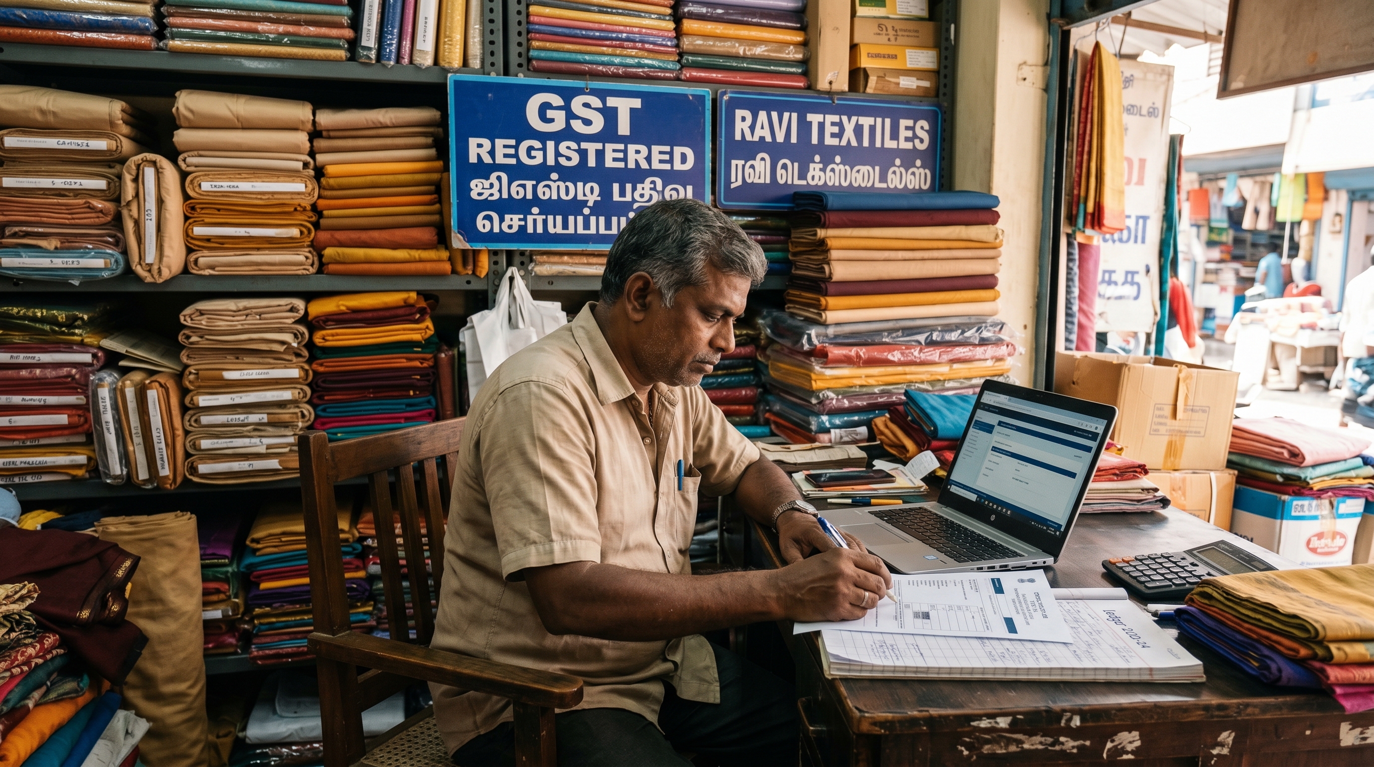 A textile trader's shopfront in Erode at first light, ledger open on the counter beside a laptop logged in to the GST portal, bolts of cotton stacked behind
