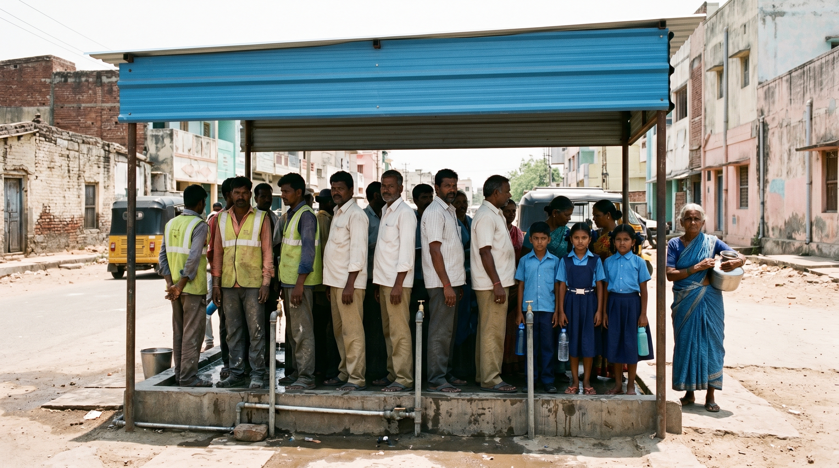 A municipal water-point under a shade structure at midday in a small Indian city, with a long queue of construction workers, autorickshaw drivers, and schoolchildren waiting in a narrow band of shadow