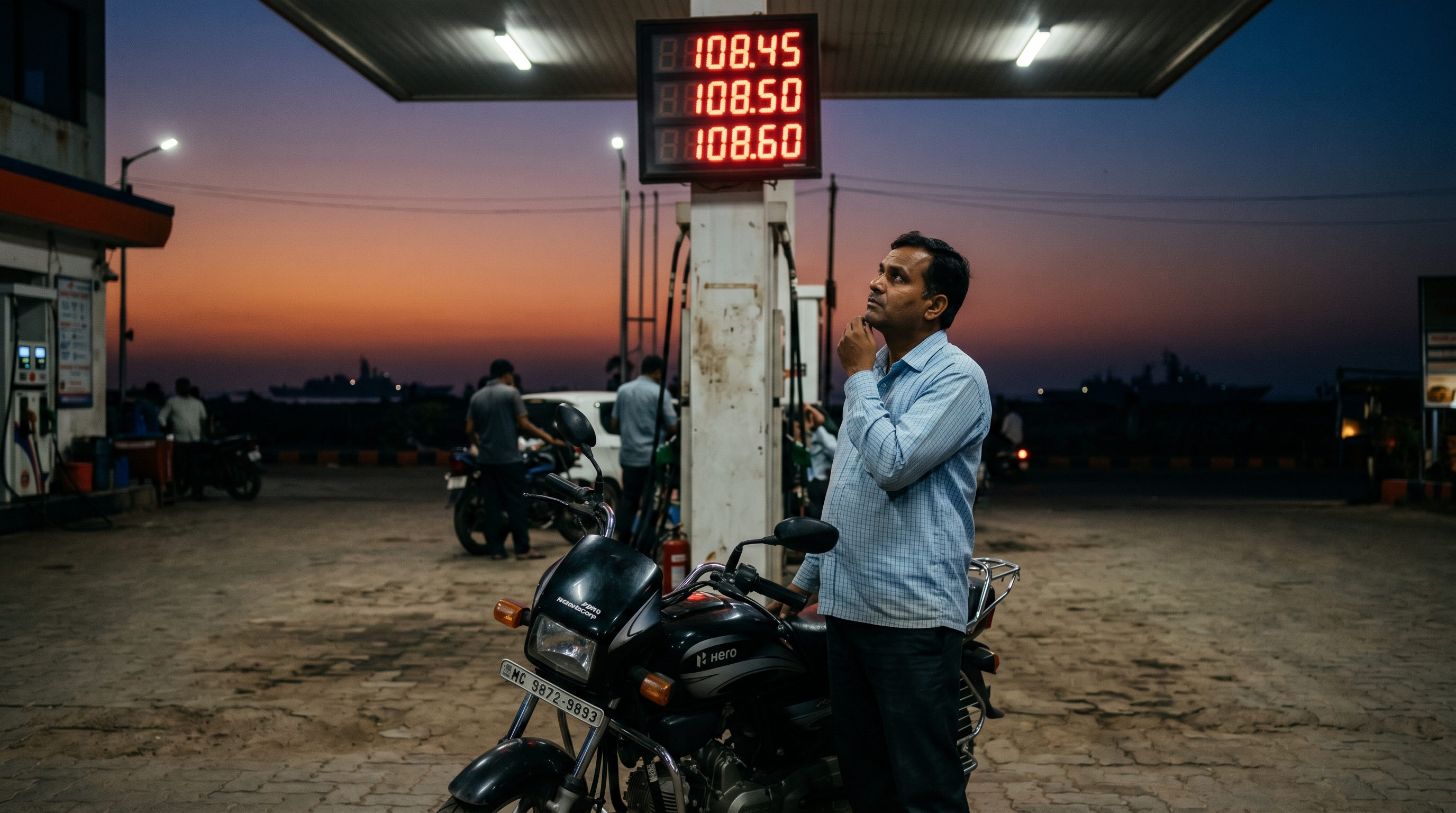 A petrol pump in a Tier-2 Indian city with its digital price display mid-change, a grey warship silhouette visible on the horizon beyond the forecourt