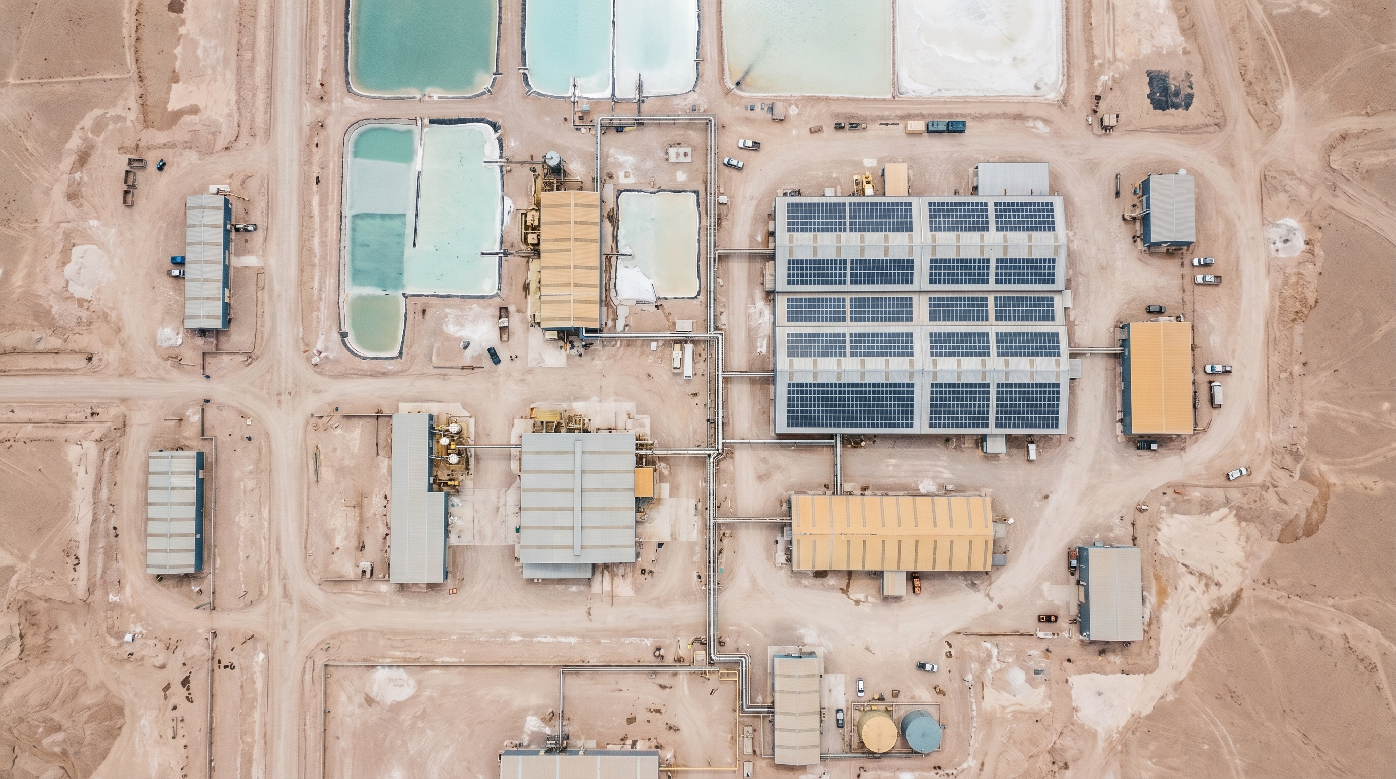 Aerial view of a lithium processing facility in a semi-arid landscape, solar panels visible on the roof