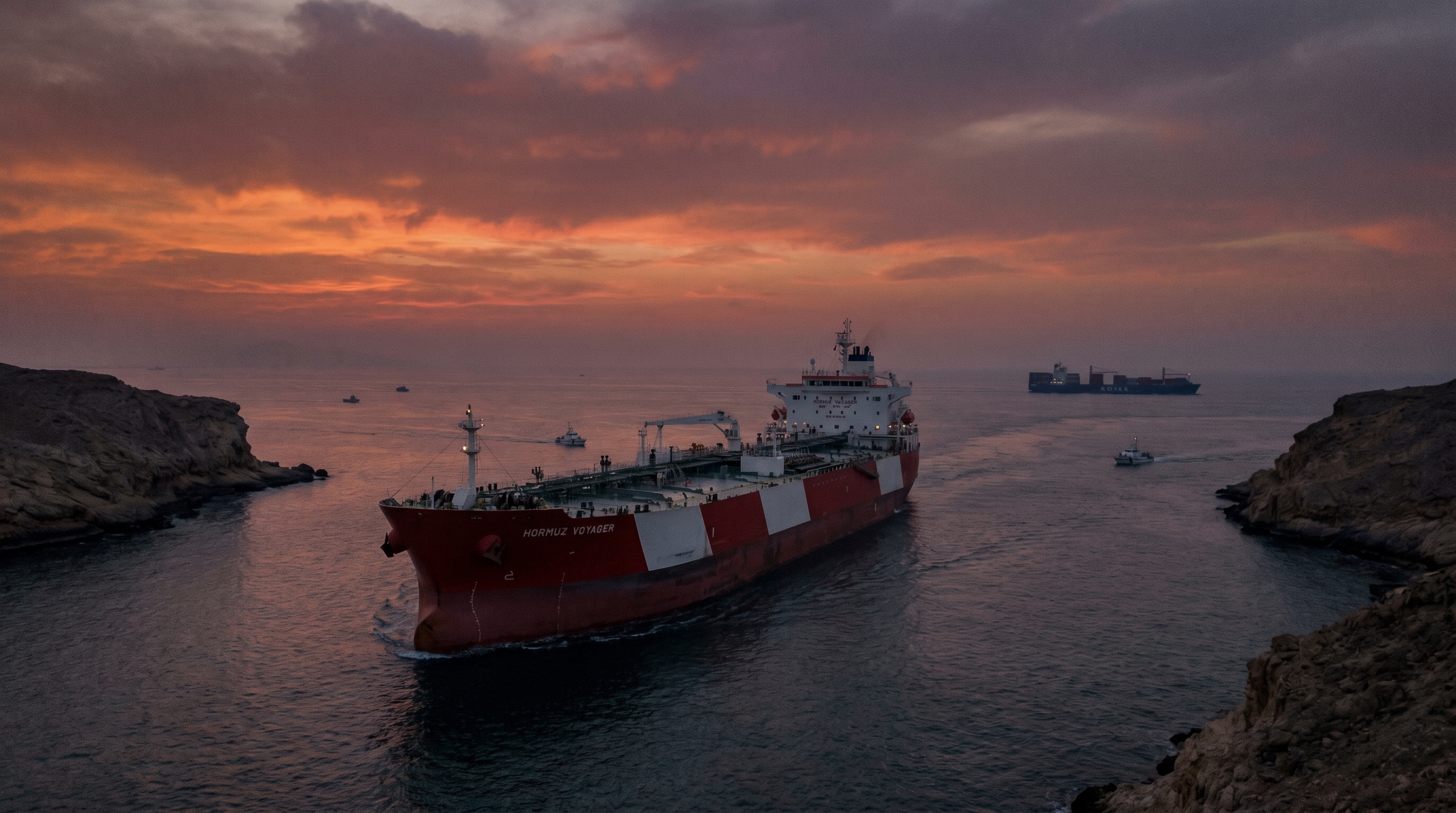 An oil tanker navigating the Strait of Hormuz at dusk, the sky behind it streaked orange