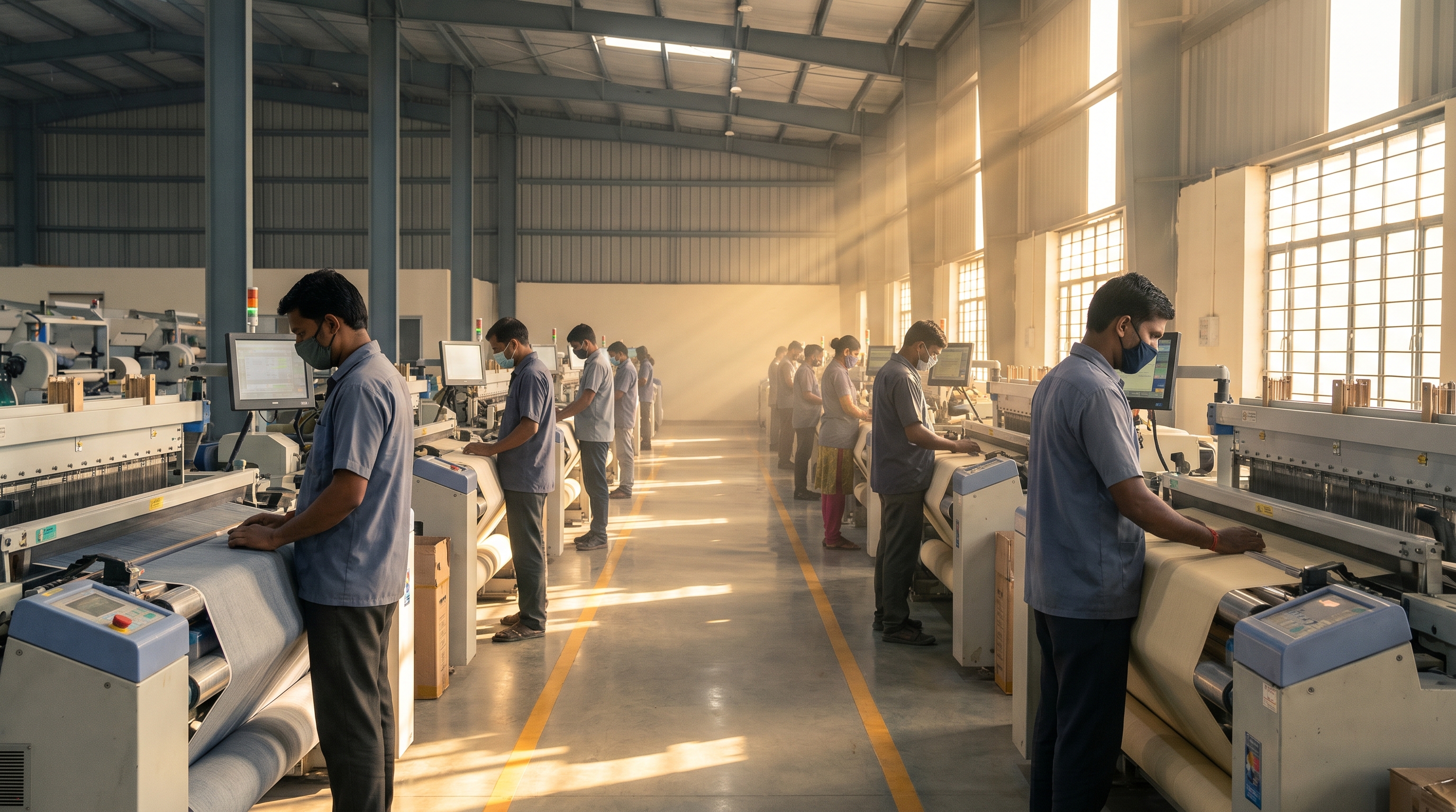 Indian textile workers at modern looms, early morning light through factory windows