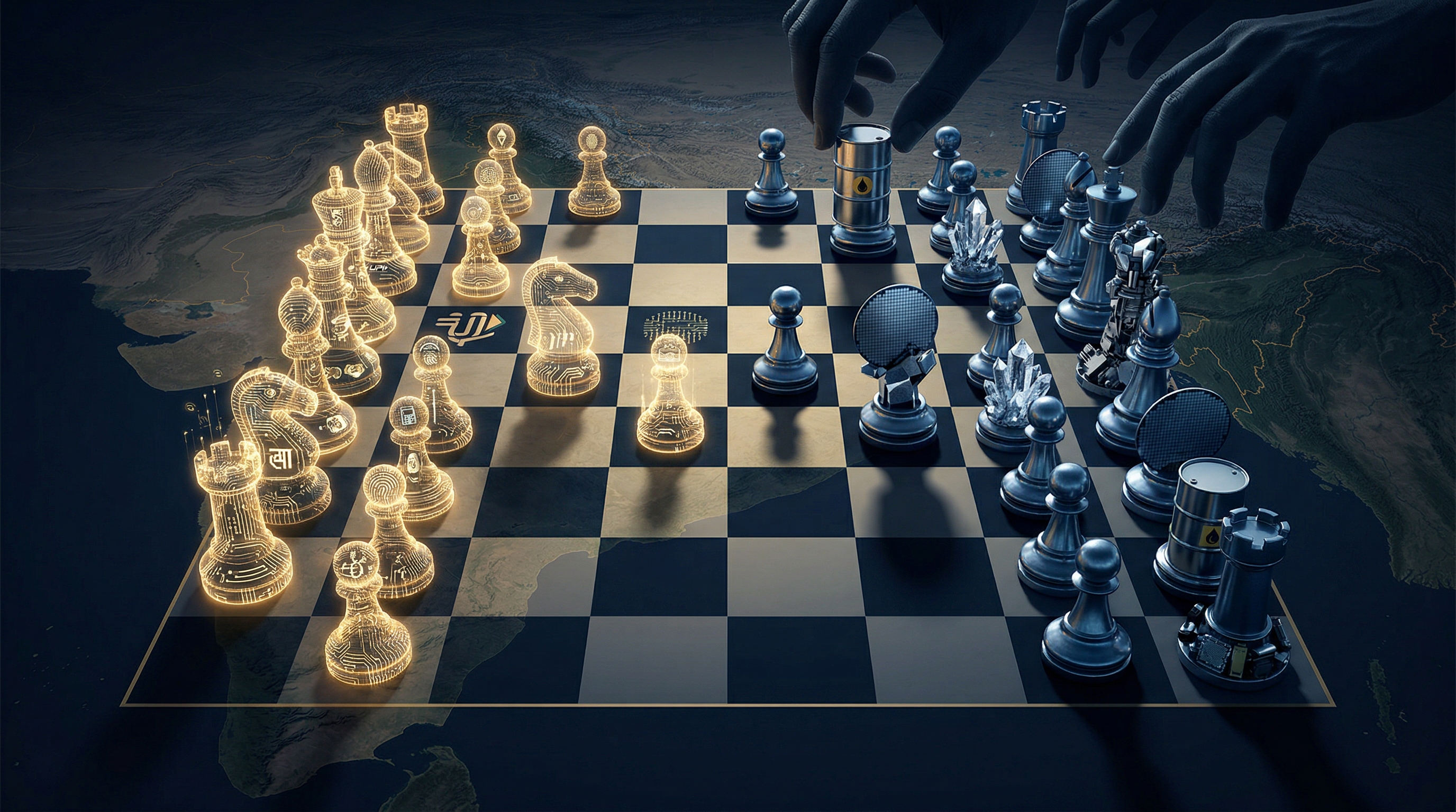 A chess board overlaid on a map of India with semiconductor chips, rare earth minerals, and trade routes forming the pieces -- some controlled by hands outside the frame