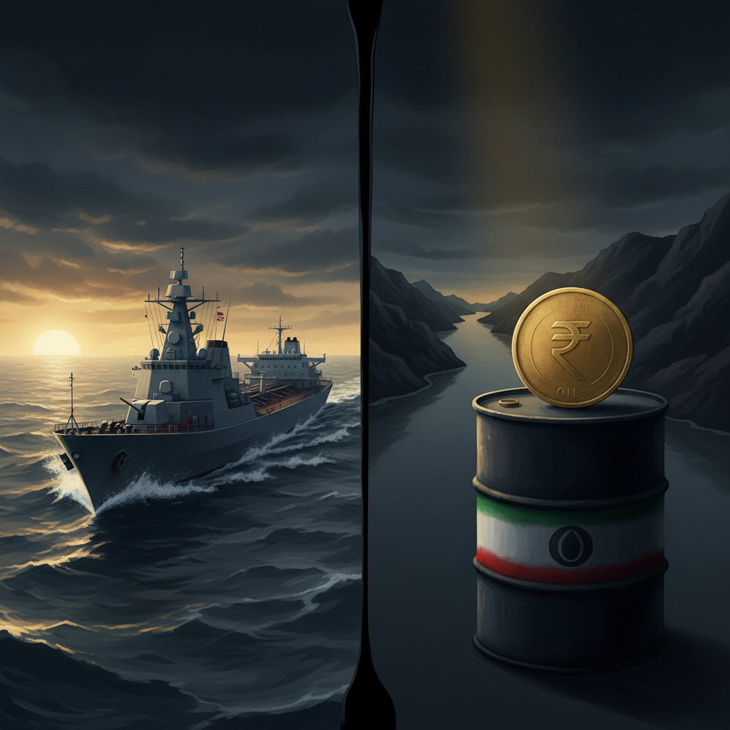 Split composition: an Indian Navy destroyer escorting a crude tanker through grey seas on the left, and a rupee coin balanced on an oil barrel against the backdrop of the Strait of Hormuz on the right
