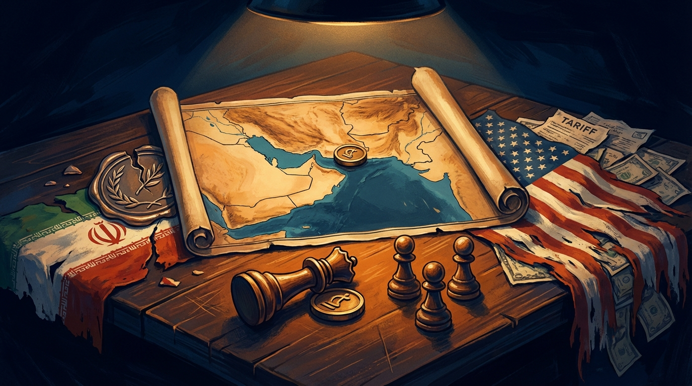 A three-panel illustration: Tehran skyline with smoke on the horizon, a fraying American flag woven with dollar bills and treaty paper, and Chabahar port at dusk with container cranes silhouetted against the Arabian Sea