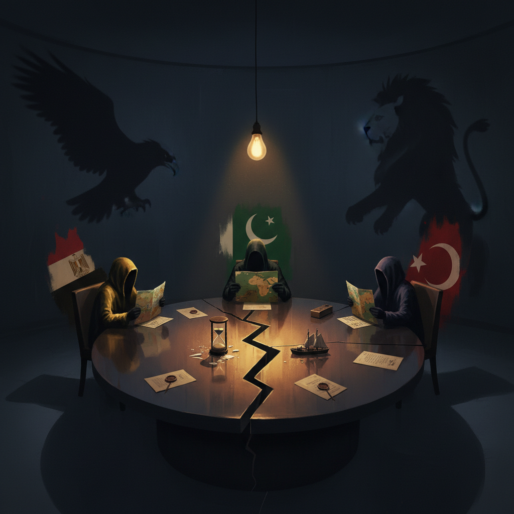 A fractured negotiating table with three chairs occupied by Egypt, Pakistan, and Turkey, each holding a different piece of a broken map of the Middle East, while shadows of the United States and Iran loom from opposite ends